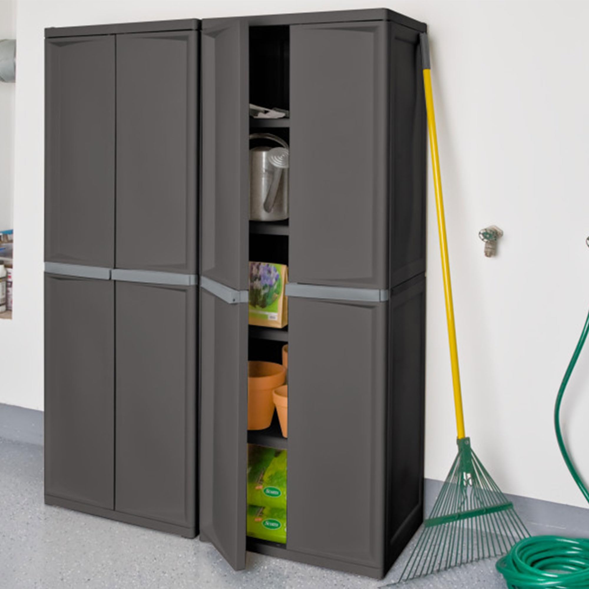 Sterilite 4 Shelf Cabinet, Heavy Duty and Easy to Assemble Plastic Storage Unit, Organize Bins in the Garage, Basement, Attic, Mudroom, Gray, 1-pack detail image 2