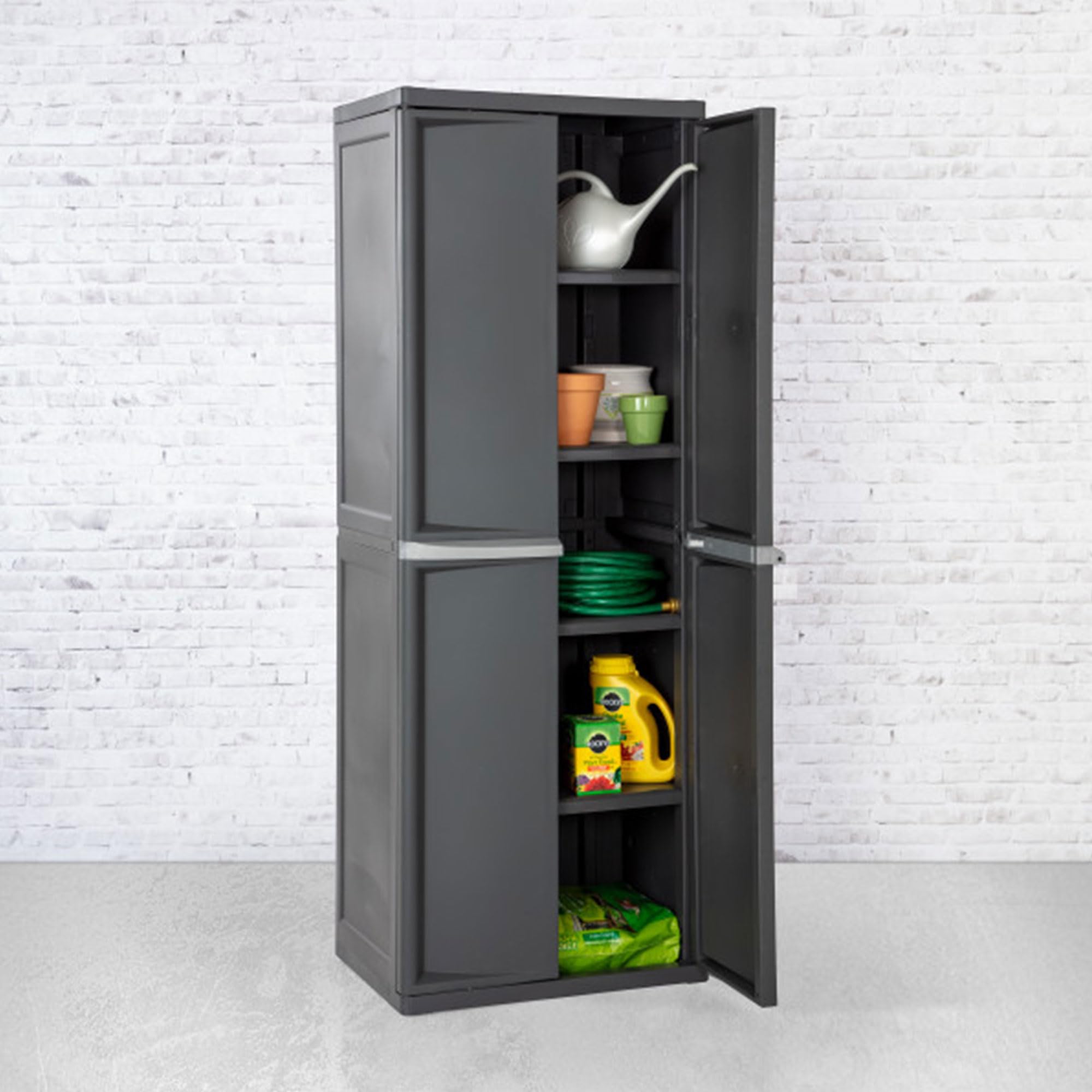 Sterilite 4 Shelf Cabinet, Heavy Duty and Easy to Assemble Plastic Storage Unit, Organize Bins in the Garage, Basement, Attic, Mudroom, Gray, 1-pack detail image 6