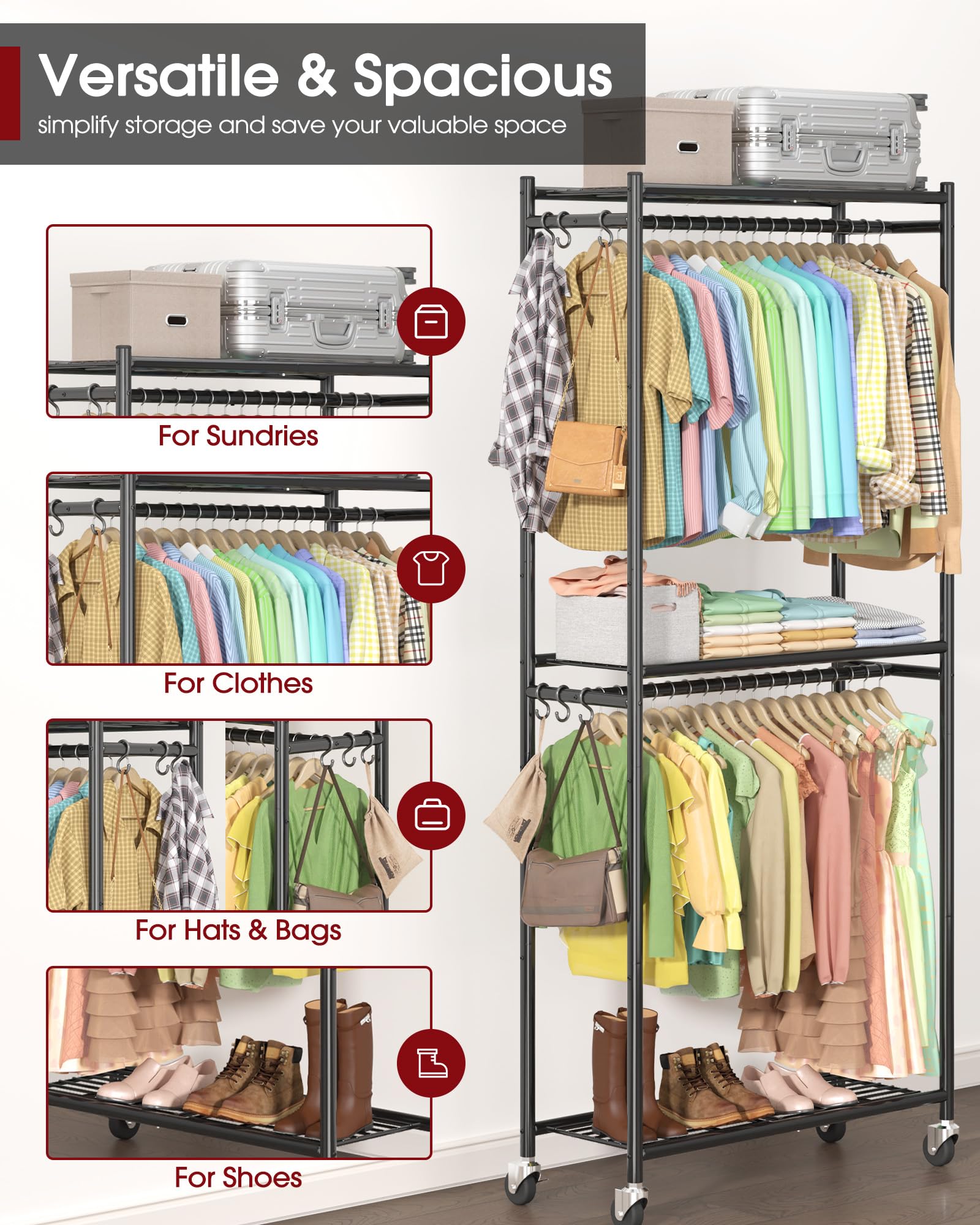 Sakugi Clothes Rack - 33.0" x 12.2" x 79.5" Clothing Rack with Shelves & Wheels, Multi-Functional Wardrobe Closet with Hooks, Sturdy Metal Garment Rack for detail image 5