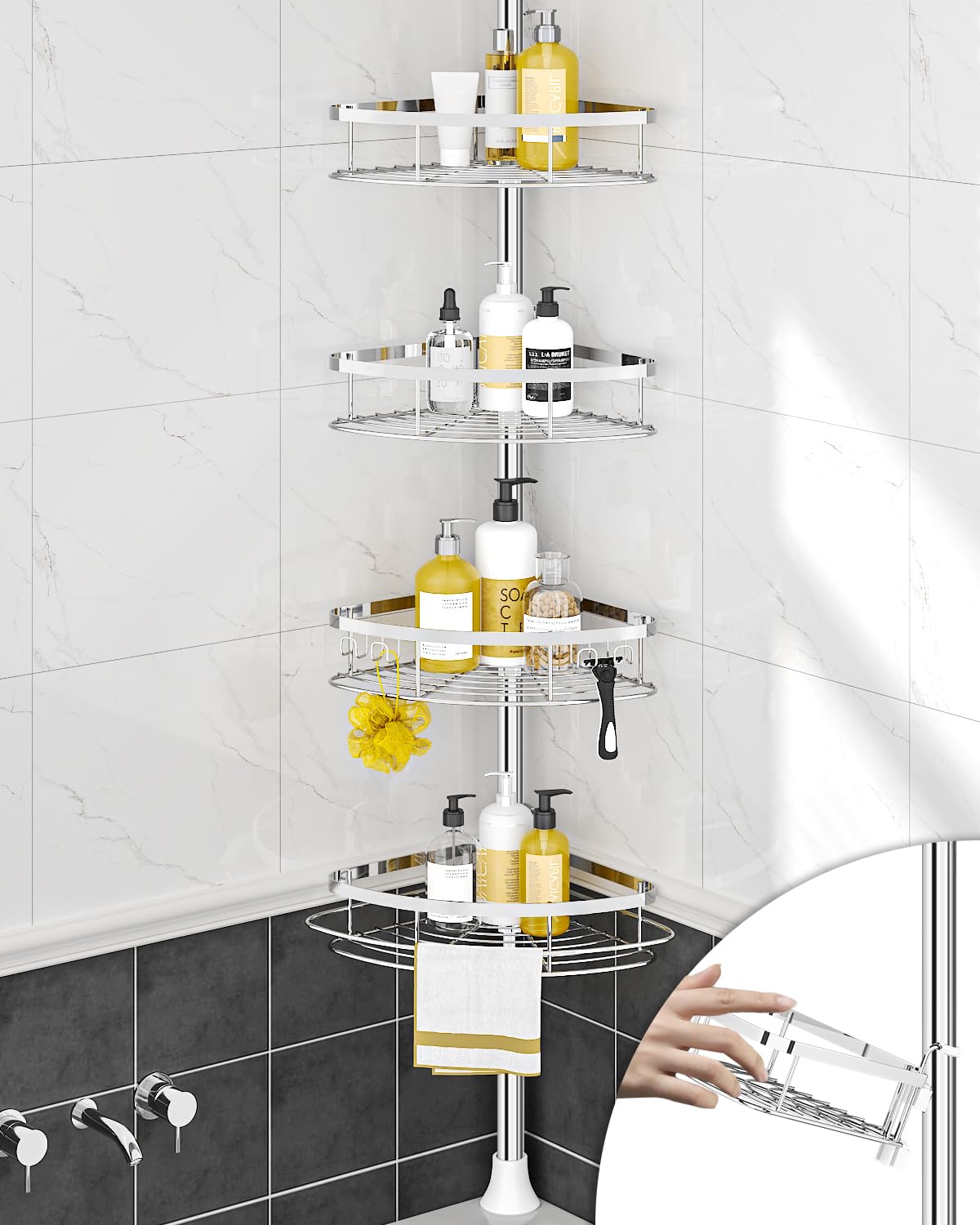 SEIRIONE Rustproof Shower Corner Caddy Organizer for Bathroom, 4 Adjustable Shelves with Tension Pole, for Bathtub Shampoo Accessories Storage Holder, 34 t detail image 1