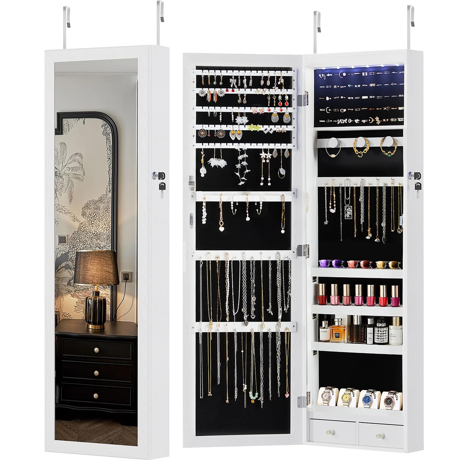 DUMOS 6 LEDs Mirror Jewelry Cabinet, Wall or Door Mounted Jewelry Organizer, 47.2-Inch Tall Lockable Large Capacity Cosmetic Storage, Gift Idea, White detail image 1