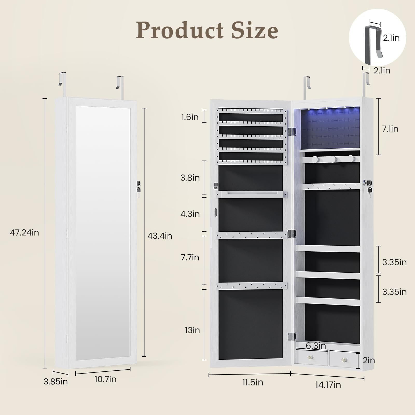 DUMOS 6 LEDs Mirror Jewelry Cabinet, Wall or Door Mounted Jewelry Organizer, 47.2-Inch Tall Lockable Large Capacity Cosmetic Storage, Gift Idea, White detail image 2