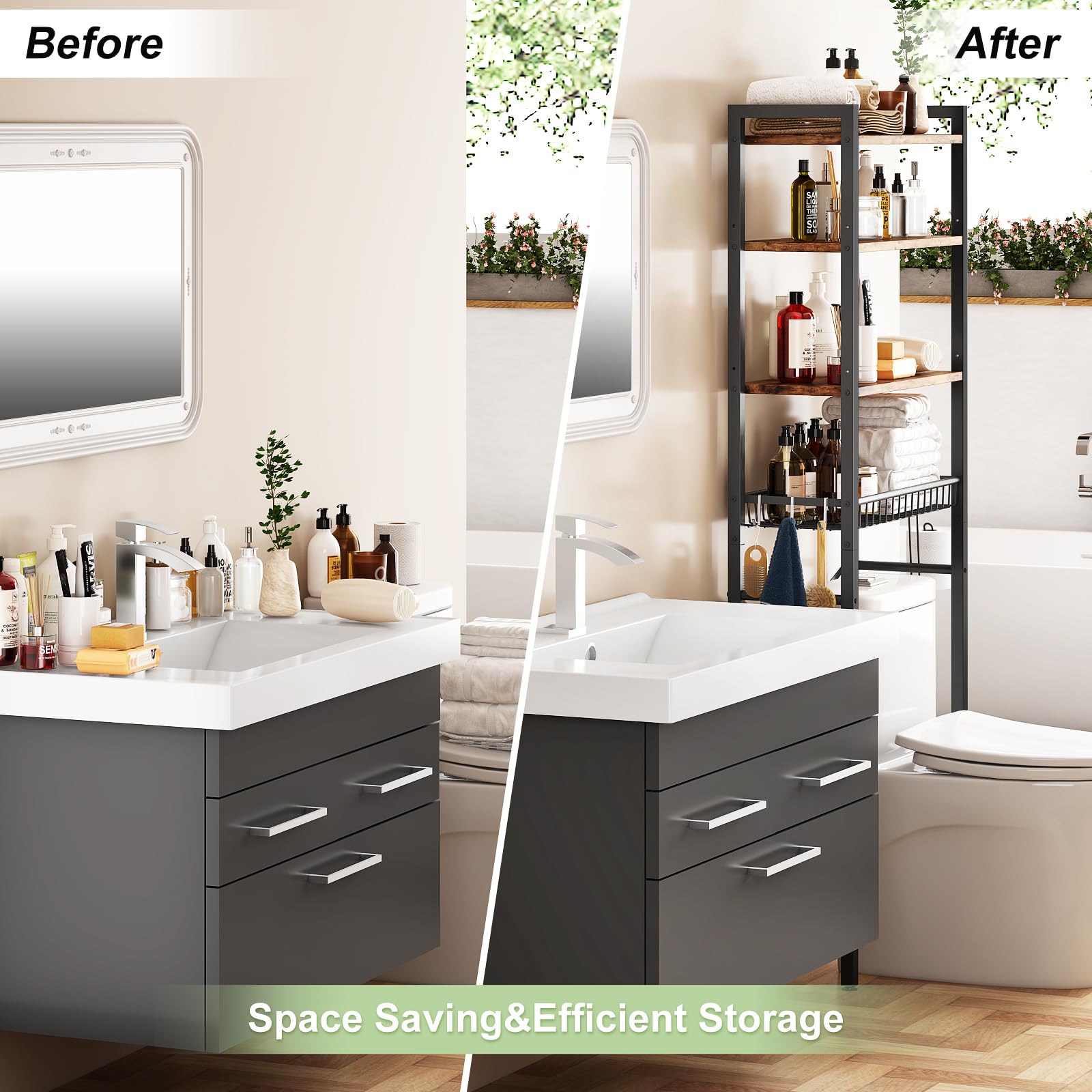 Kalrin Over-The-Toilet Storage Rack, 4-Tier Bathroom Organizer Shelf Over Toilet with Adjustable Shelf and Basket, Freestanding Space Saver Bathroom Shelve detail image 4