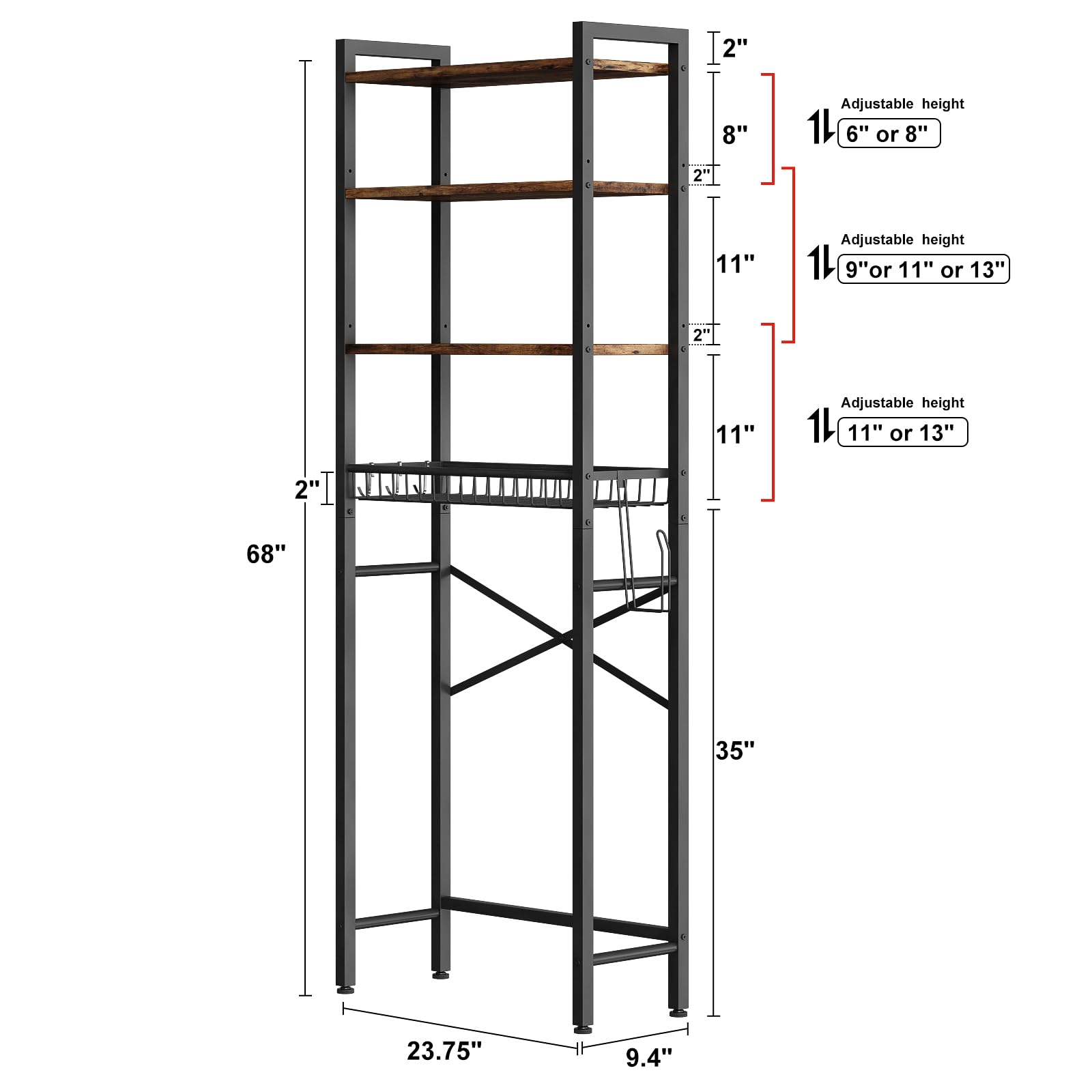 Kalrin Over-The-Toilet Storage Rack, 4-Tier Bathroom Organizer Shelf Over Toilet with Adjustable Shelf and Basket, Freestanding Space Saver Bathroom Shelve detail image 5