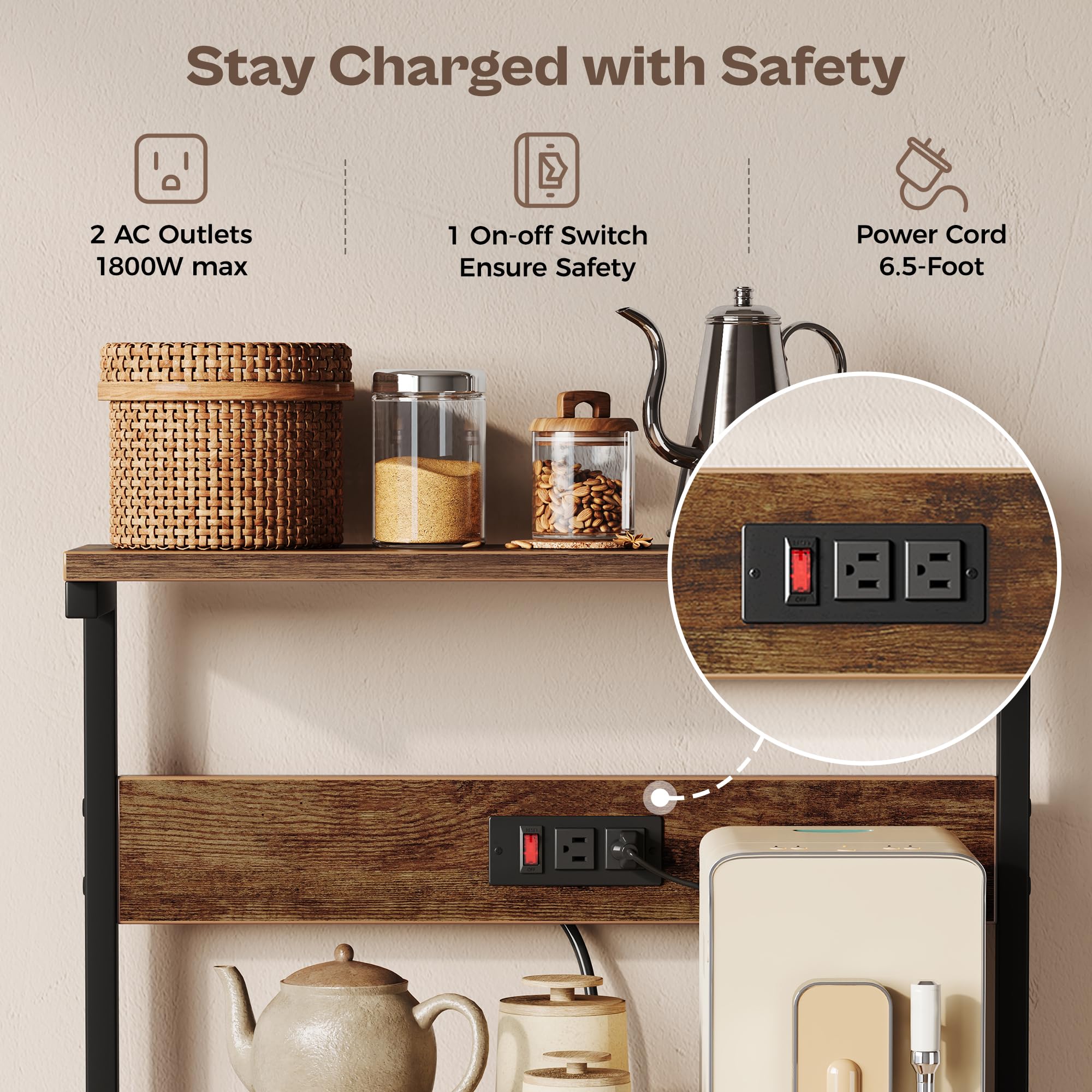 SUPERJARE Kitchen Bakers Rack with Power Outlet, Coffee Bar Table 4 Tiers, Kitchen Microwave Stand with 6 S-shaped Hooks, Storage Shelf Rack for Spices, Po detail image 4