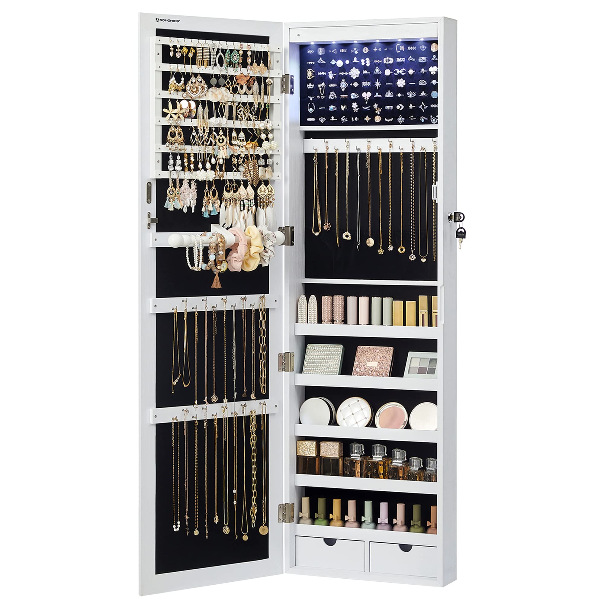 SONGMICS 6 LEDs Mirror Jewelry Cabinet, 47.2-Inch Tall Lockable Wall or Door Mounted Jewelry Armoire Organizer with Mirror, 2 Drawers, 3.9 x 14.6 x 47.2 In detail image 1