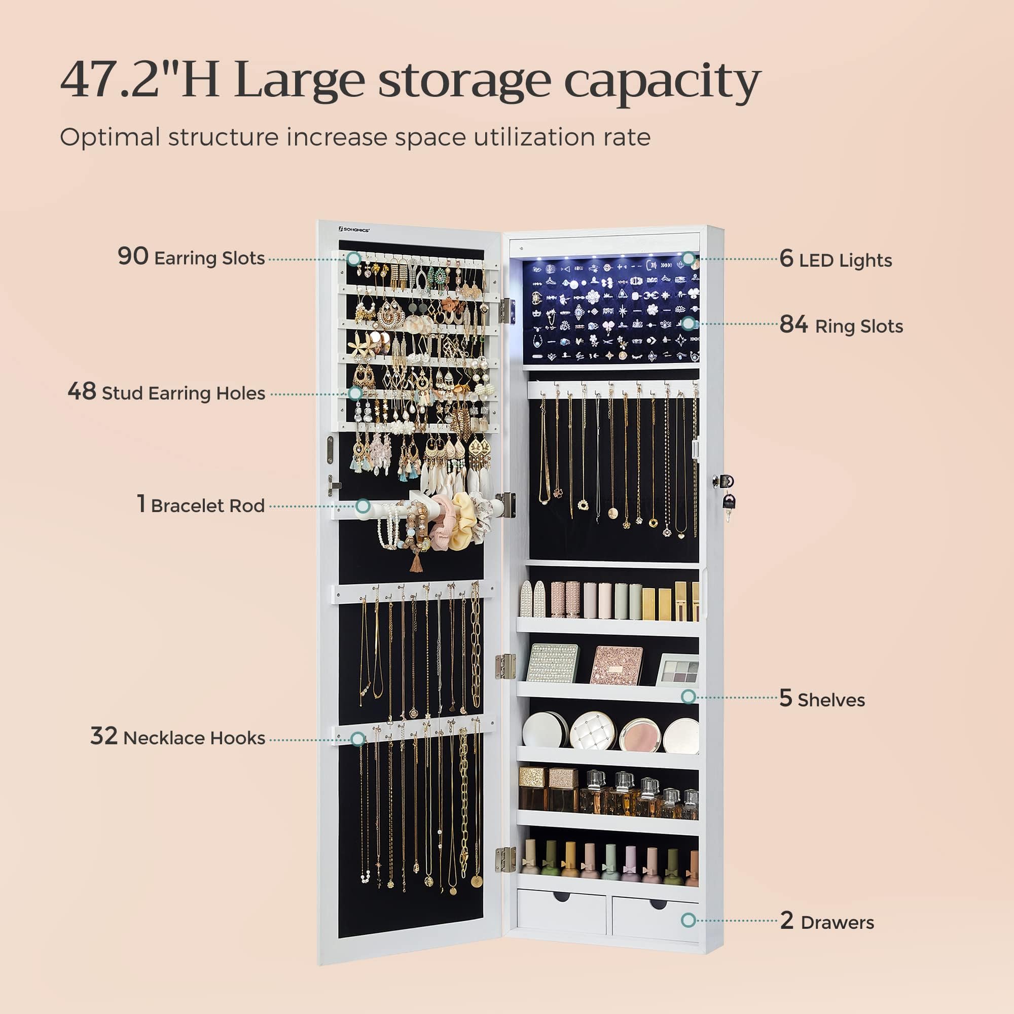 SONGMICS 6 LEDs Mirror Jewelry Cabinet, 47.2-Inch Tall Lockable Wall or Door Mounted Jewelry Armoire Organizer with Mirror, 2 Drawers, 3.9 x 14.6 x 47.2 In detail image 5