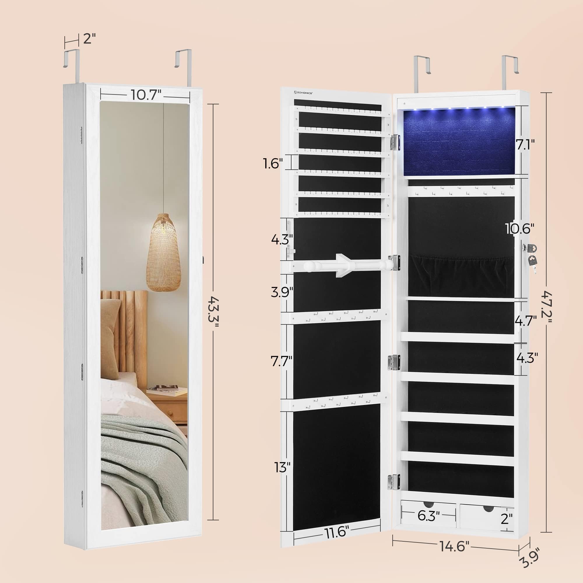SONGMICS 6 LEDs Mirror Jewelry Cabinet, 47.2-Inch Tall Lockable Wall or Door Mounted Jewelry Armoire Organizer with Mirror, 2 Drawers, 3.9 x 14.6 x 47.2 In detail image 6