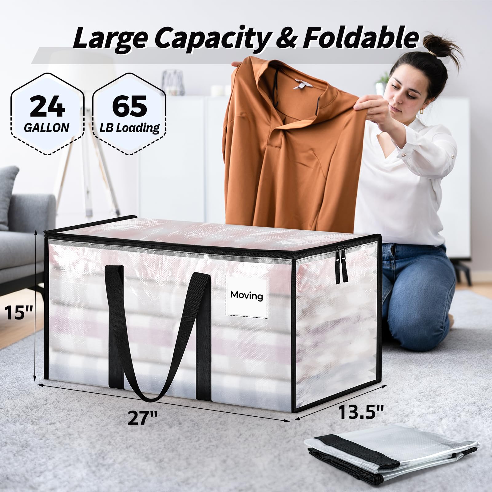 16 Pack Extra Large Heavy Duty Moving Bags, Clear Storage Bins with Lids, Reinforced Handles & Heavy-Duty Zippers Moving Boxes Storage Bags Totes for Cloth detail image 2