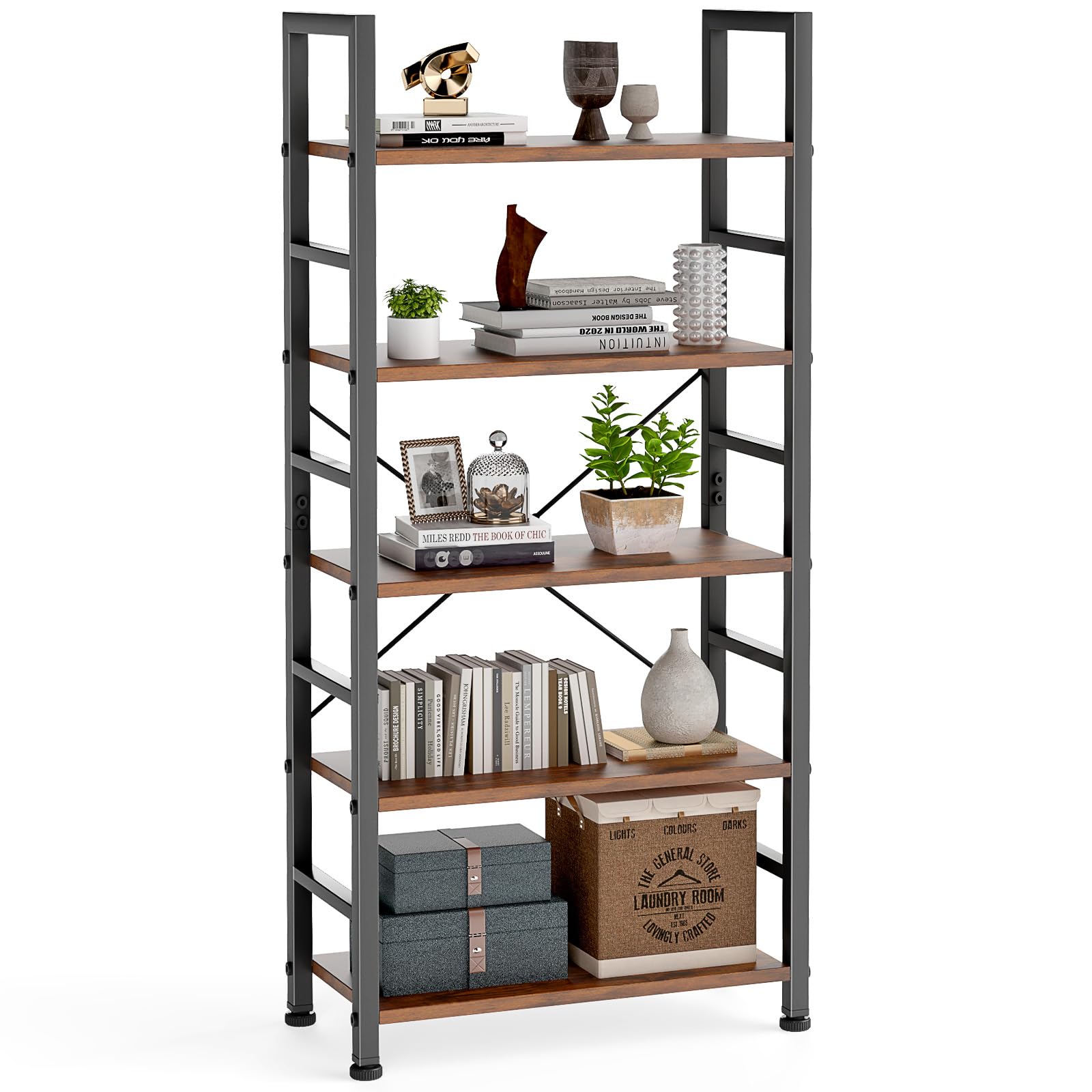 DUMOS 5 Tiers Bookshelf, Classical Modern Book Shelf, Tall Display Shelves in Living Room/Home/Office, Storage Organizer for CDs/Books/Movies, Rustic Brown detail image 1