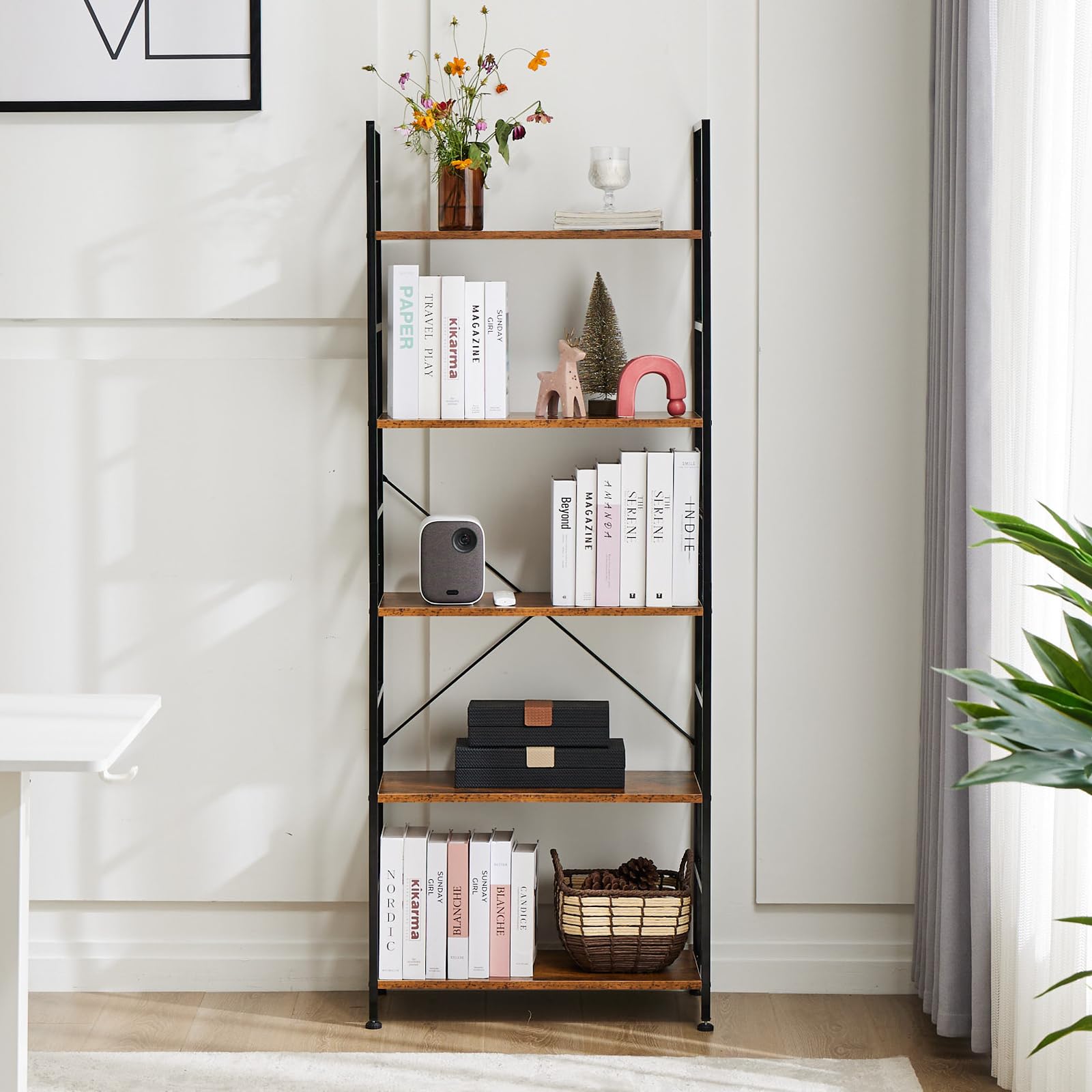 DUMOS 5 Tiers Bookshelf, Classical Modern Book Shelf, Tall Display Shelves in Living Room/Home/Office, Storage Organizer for CDs/Books/Movies, Rustic Brown detail image 2