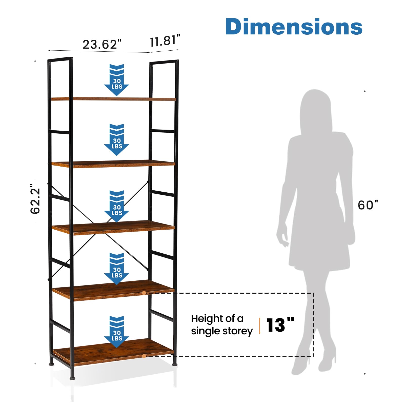 DUMOS 5 Tiers Bookshelf, Classical Modern Book Shelf, Tall Display Shelves in Living Room/Home/Office, Storage Organizer for CDs/Books/Movies, Rustic Brown detail image 3