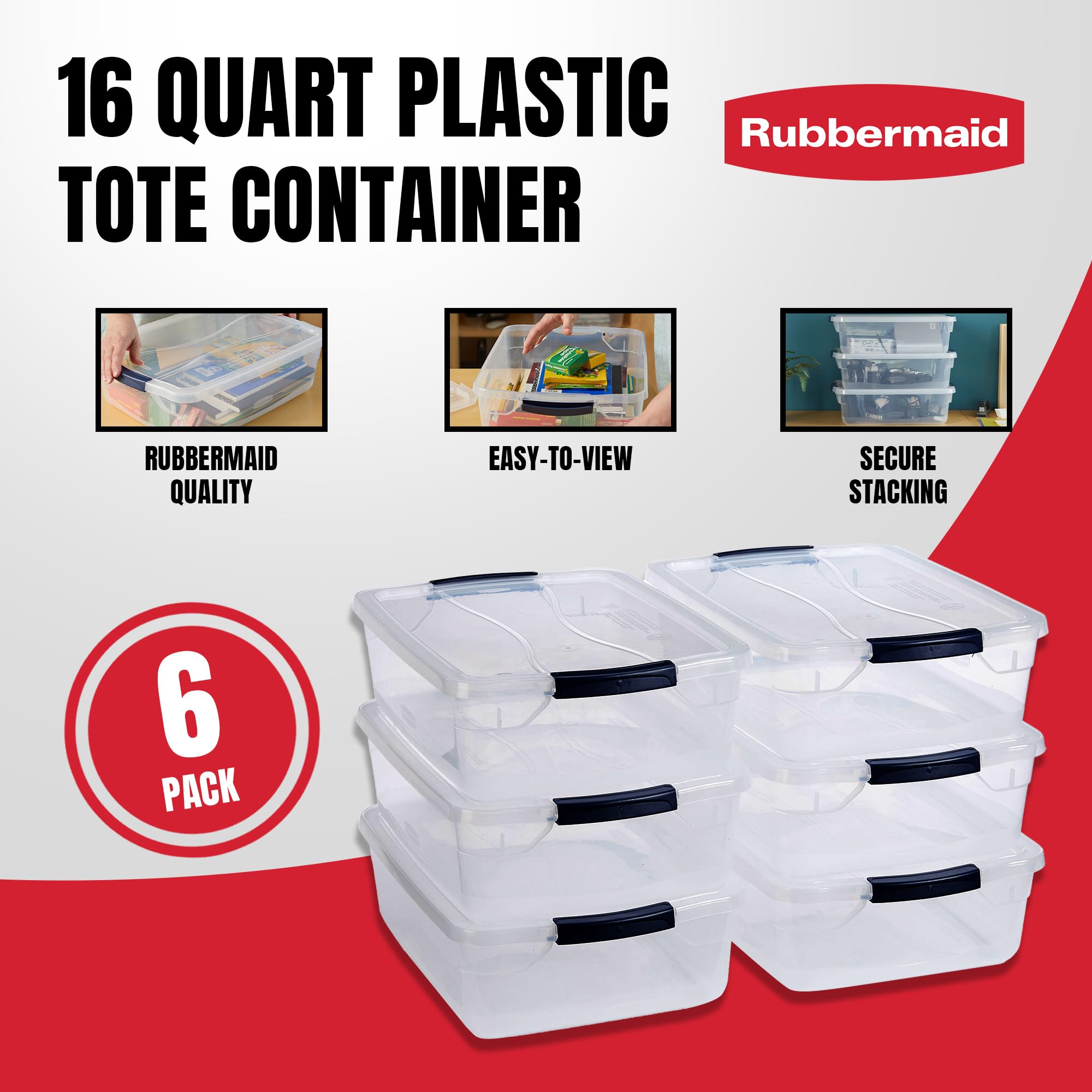 Rubbermaid Cleverstore 17 Qt Clear Storage Bins with Lids, 6-Pack, Stackable, BPA-Free, Made in USA detail image 3