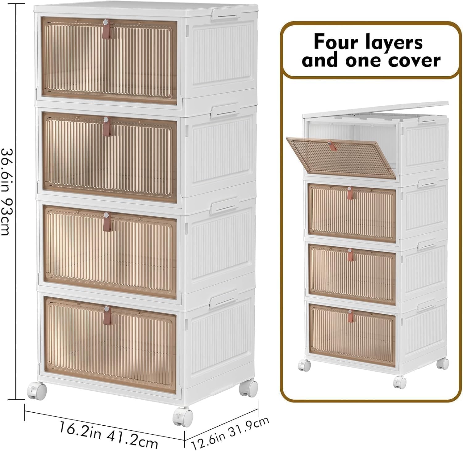 YFXCVSL 4 Tier Plastic Storage Bins with Lid 28QT - Stackable Storage Containers with Wheels, Folding Storage Boxes, Collapsible Storage Bins, Closet Organ detail image 3