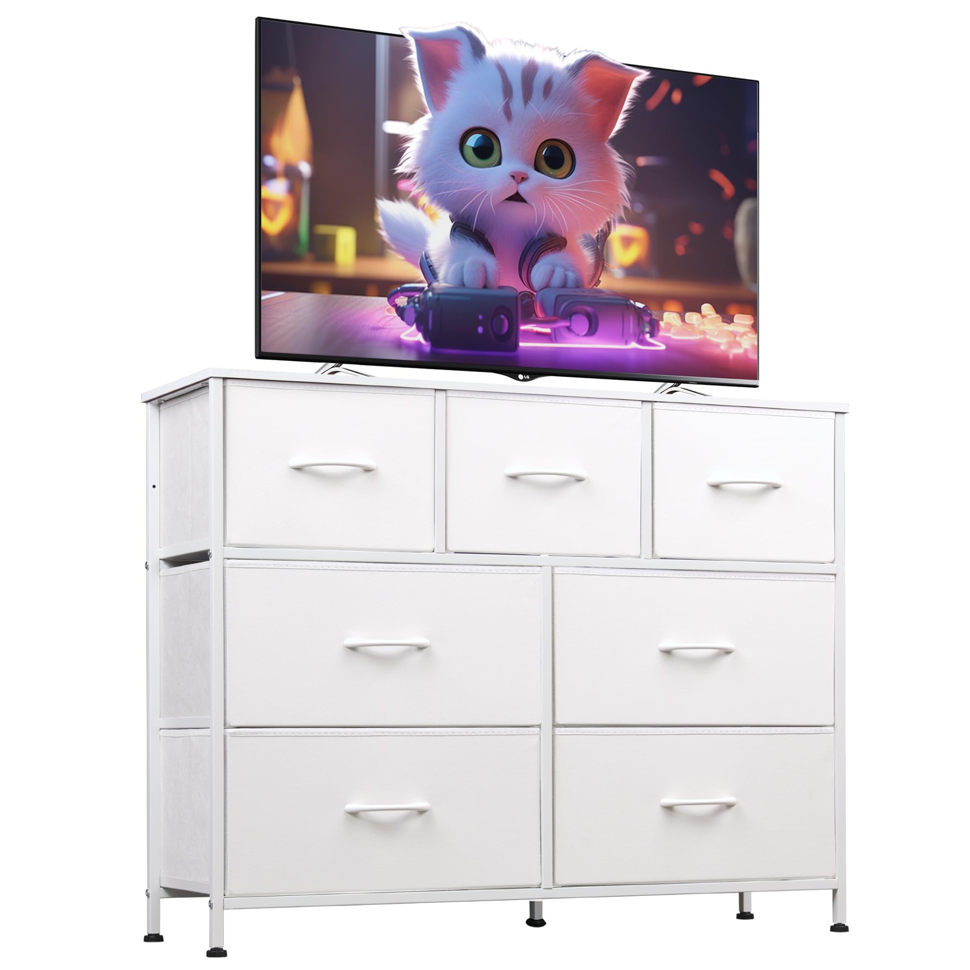 WLIVE 7 Drawer Dresser TV Stand, Dressers for Bedroom, Fabric Storage Tower, Hallway, Entryway, Closets, Sturdy Steel Frame, Wood Top, Easy Pull Handle, Wh detail image 1