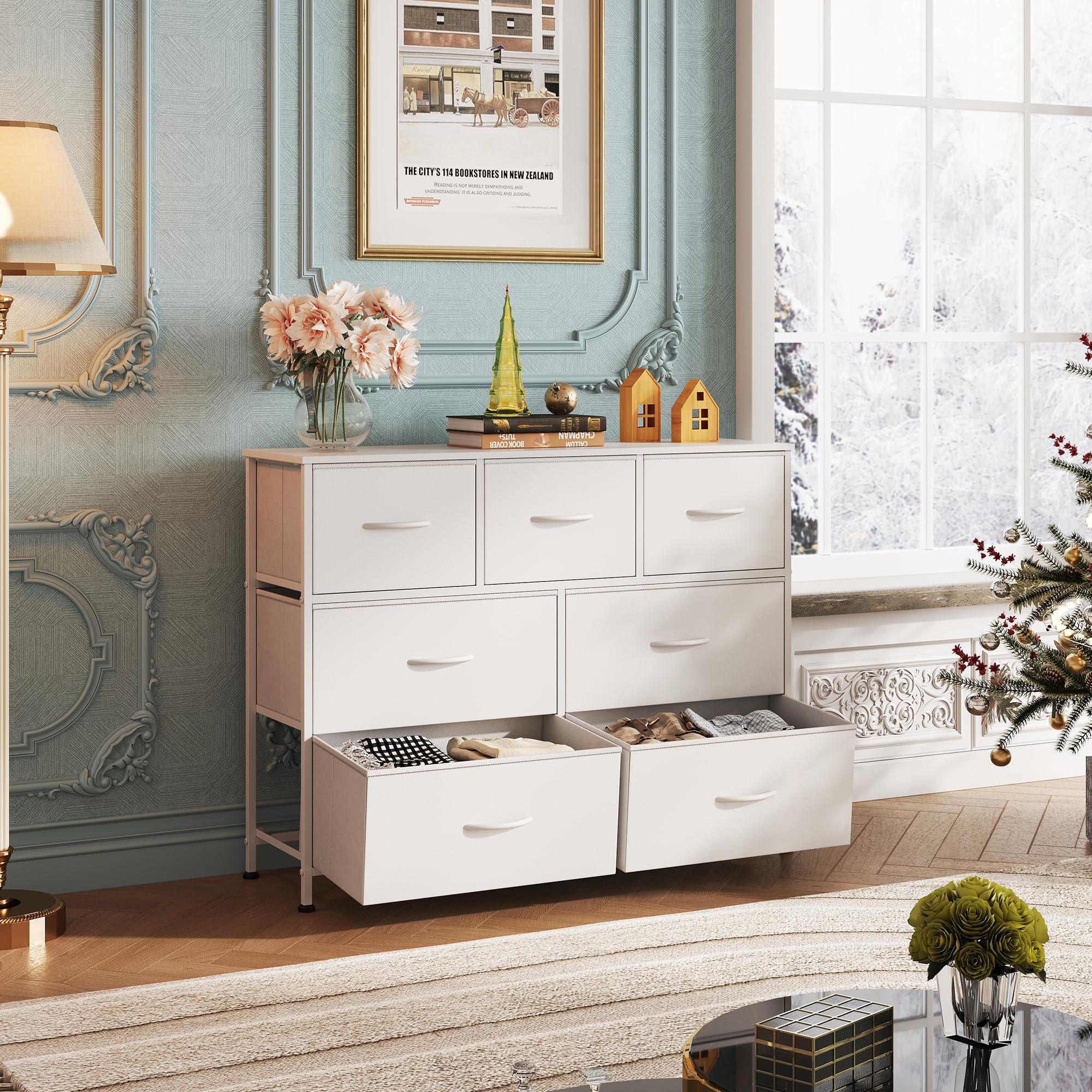 WLIVE 7 Drawer Dresser TV Stand, Dressers for Bedroom, Fabric Storage Tower, Hallway, Entryway, Closets, Sturdy Steel Frame, Wood Top, Easy Pull Handle, Wh detail image 2