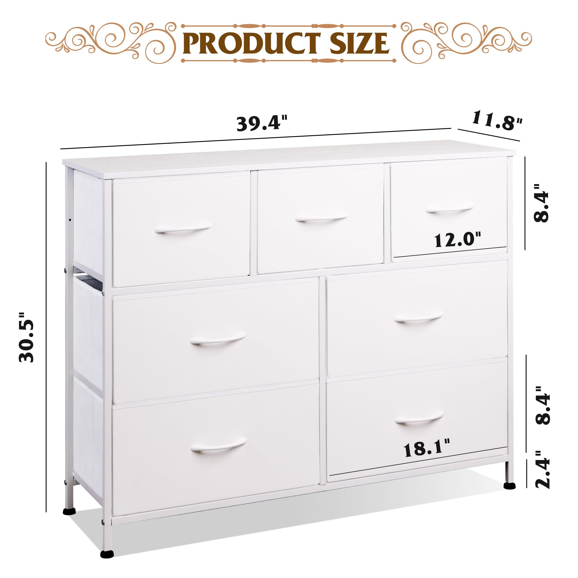 WLIVE 7 Drawer Dresser TV Stand, Dressers for Bedroom, Fabric Storage Tower, Hallway, Entryway, Closets, Sturdy Steel Frame, Wood Top, Easy Pull Handle, Wh detail image 3