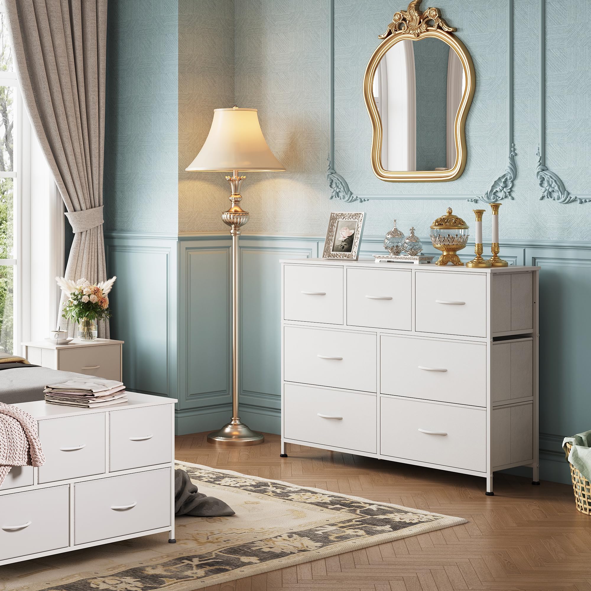 WLIVE 7 Drawer Dresser TV Stand, Dressers for Bedroom, Fabric Storage Tower, Hallway, Entryway, Closets, Sturdy Steel Frame, Wood Top, Easy Pull Handle, Wh detail image 4