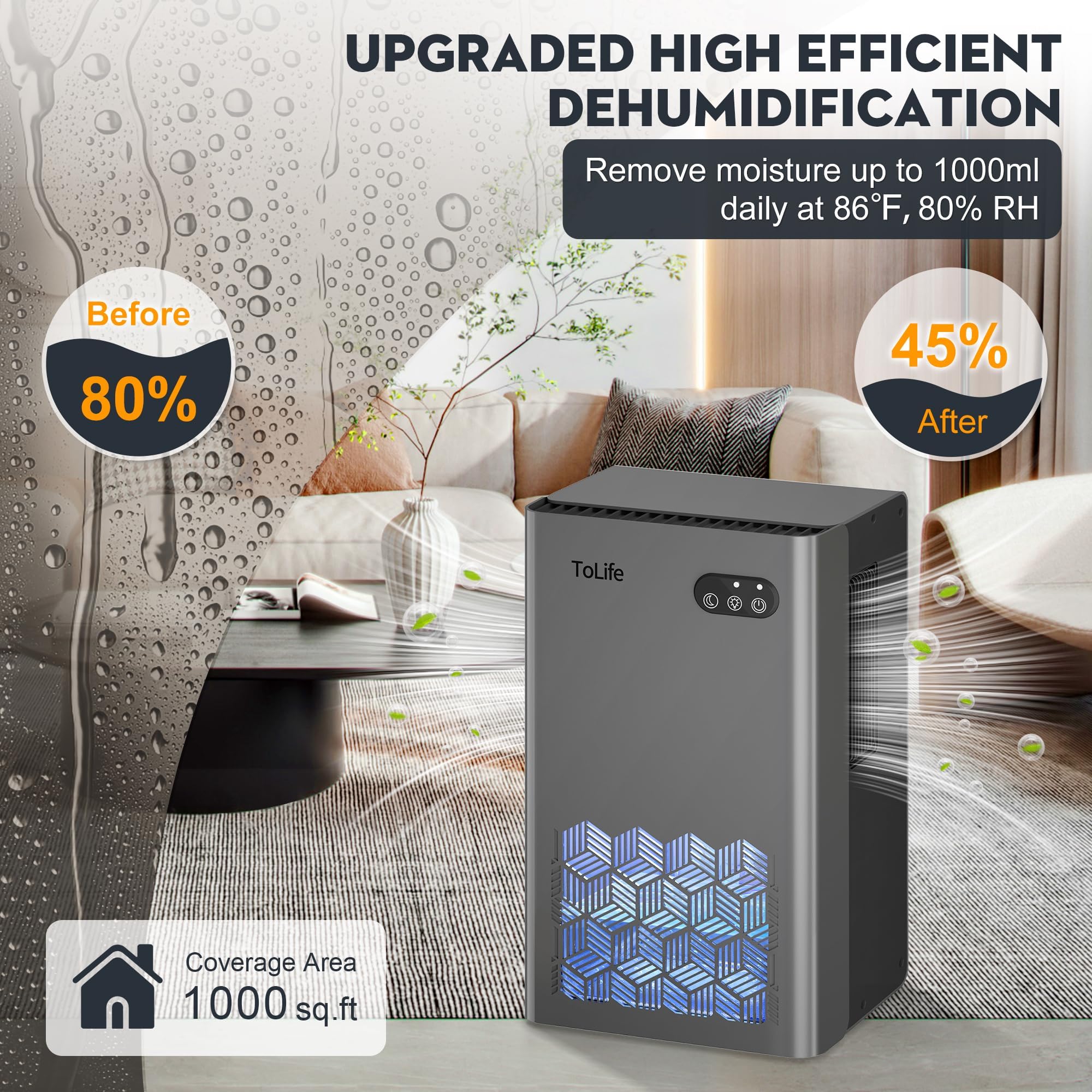 ToLife Dehumidifier for Home 95 OZ Water Tank, 1000 sq.ft Dehumidifiers for - View 2