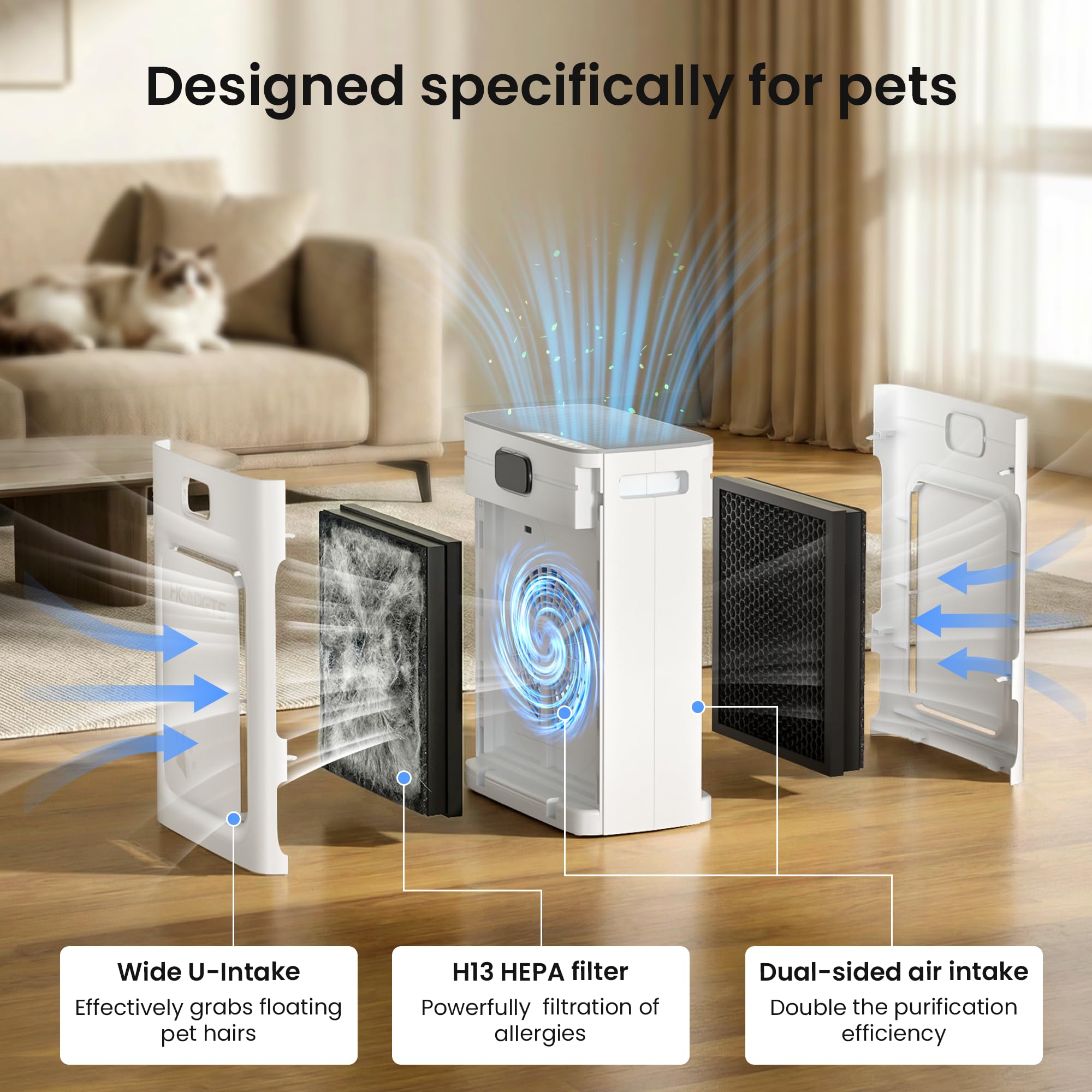 Pet Air Purifier for Home Large Room 2500 sq ft, H13 HEPA Washable Double-Sided - View 3