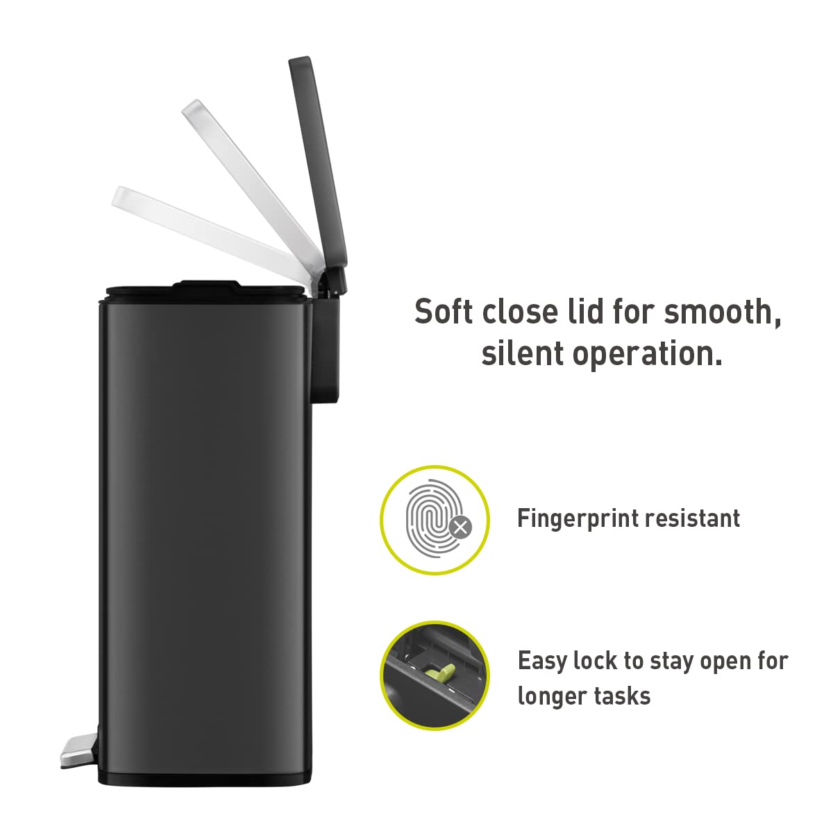 EKO Madison Matte Black Stainless Steel 13.2 Gal/50L Kitchen Step Trash Can or - View 3