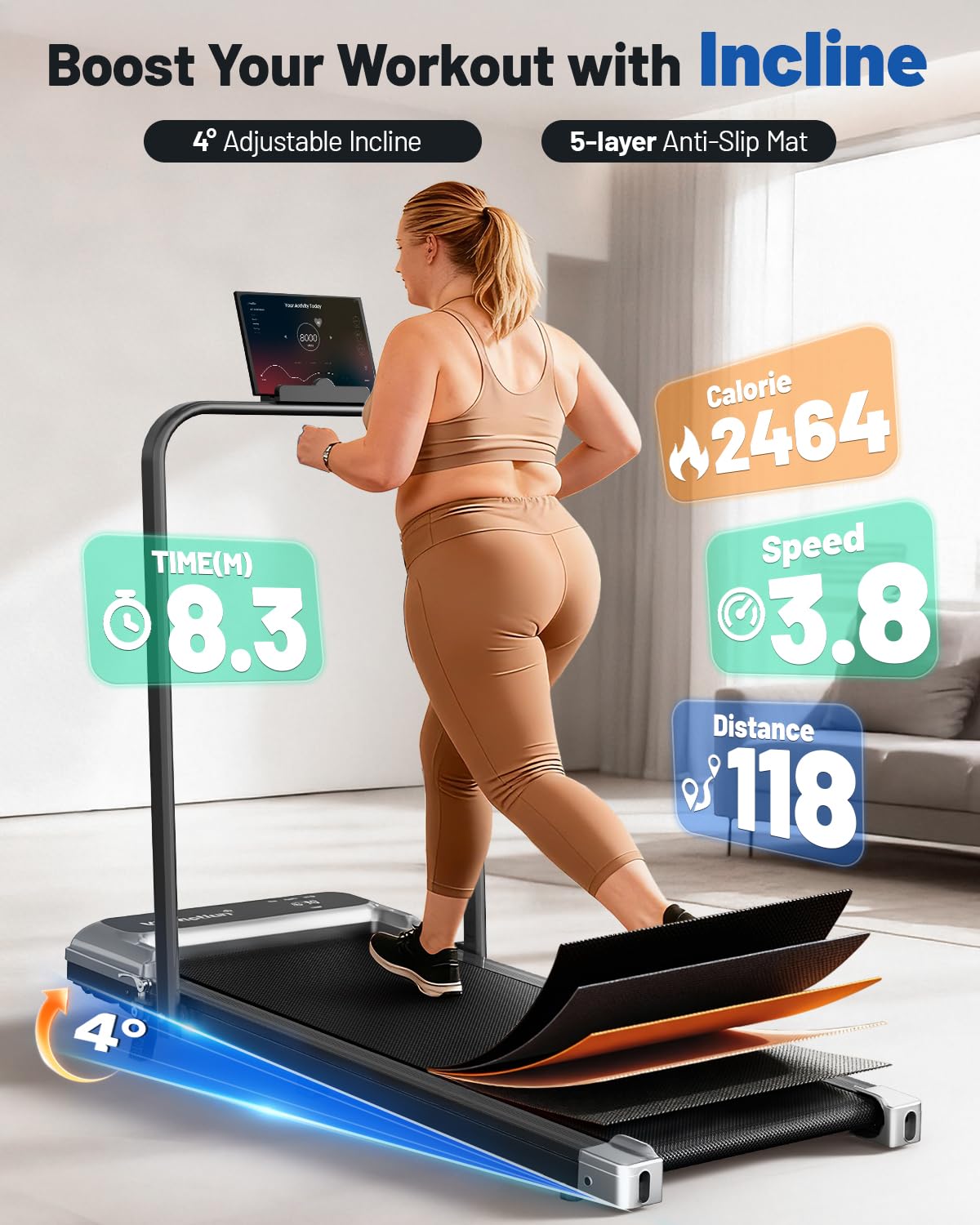 Walking Pad Treadmill with Handle Bar and Adjustable Incline, Compact Portable - View 2