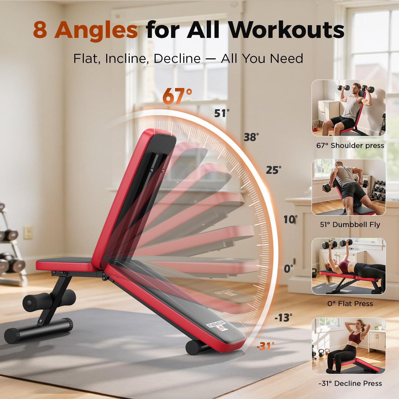 NICEPEOPLE Adjustable Weight Bench for Home Gym, 660LBS Capacity Workout Bench with 8 Backrests for Chest Shoulders Arms, Compact and Foldable Strength Ben detail image 3