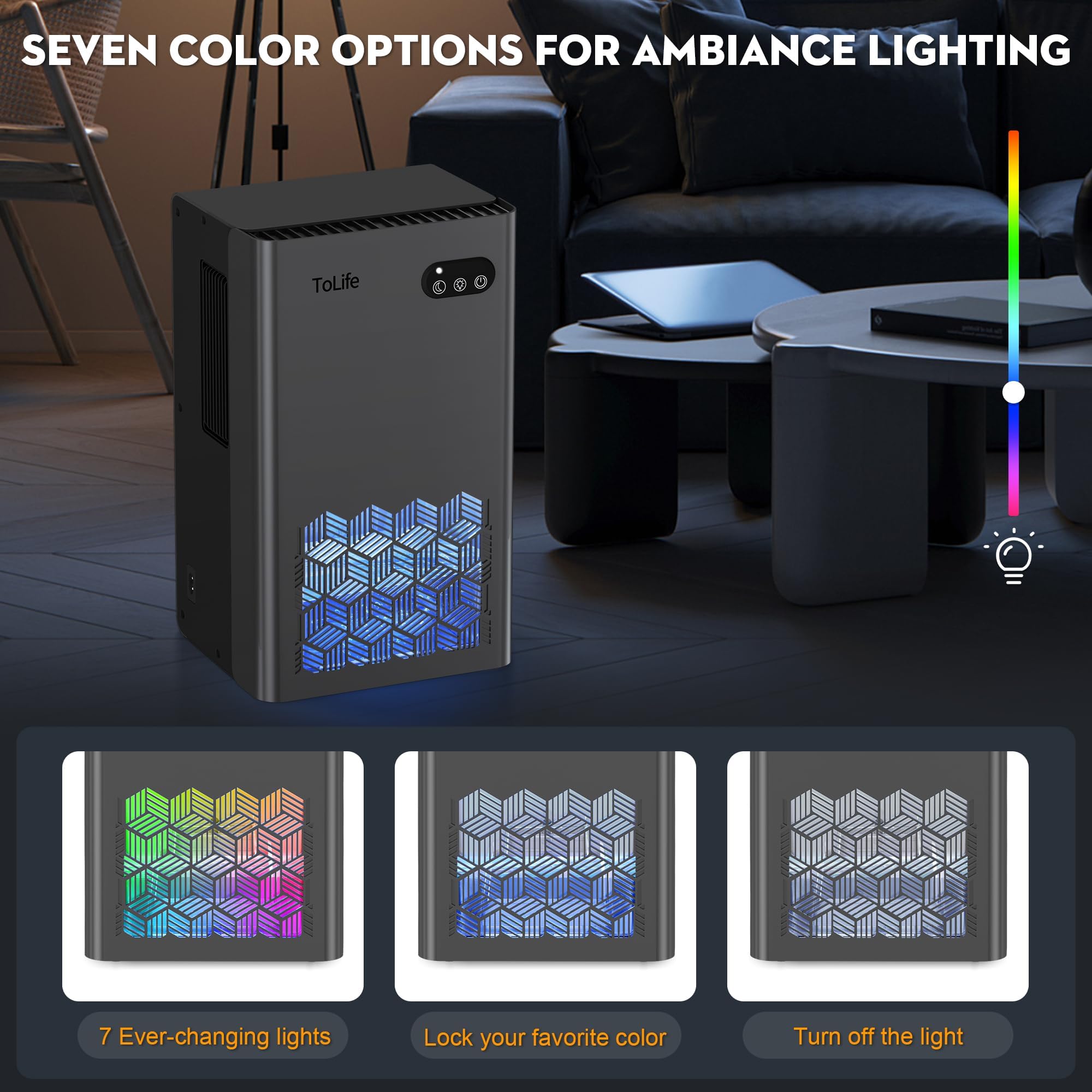 ToLife Dehumidifier for Home 95 OZ Water Tank, 1000 sq.ft Dehumidifiers for Basement Bedroom Bathroom with Auto Shut Off 7 Colors LED Light, Grey detail image 5