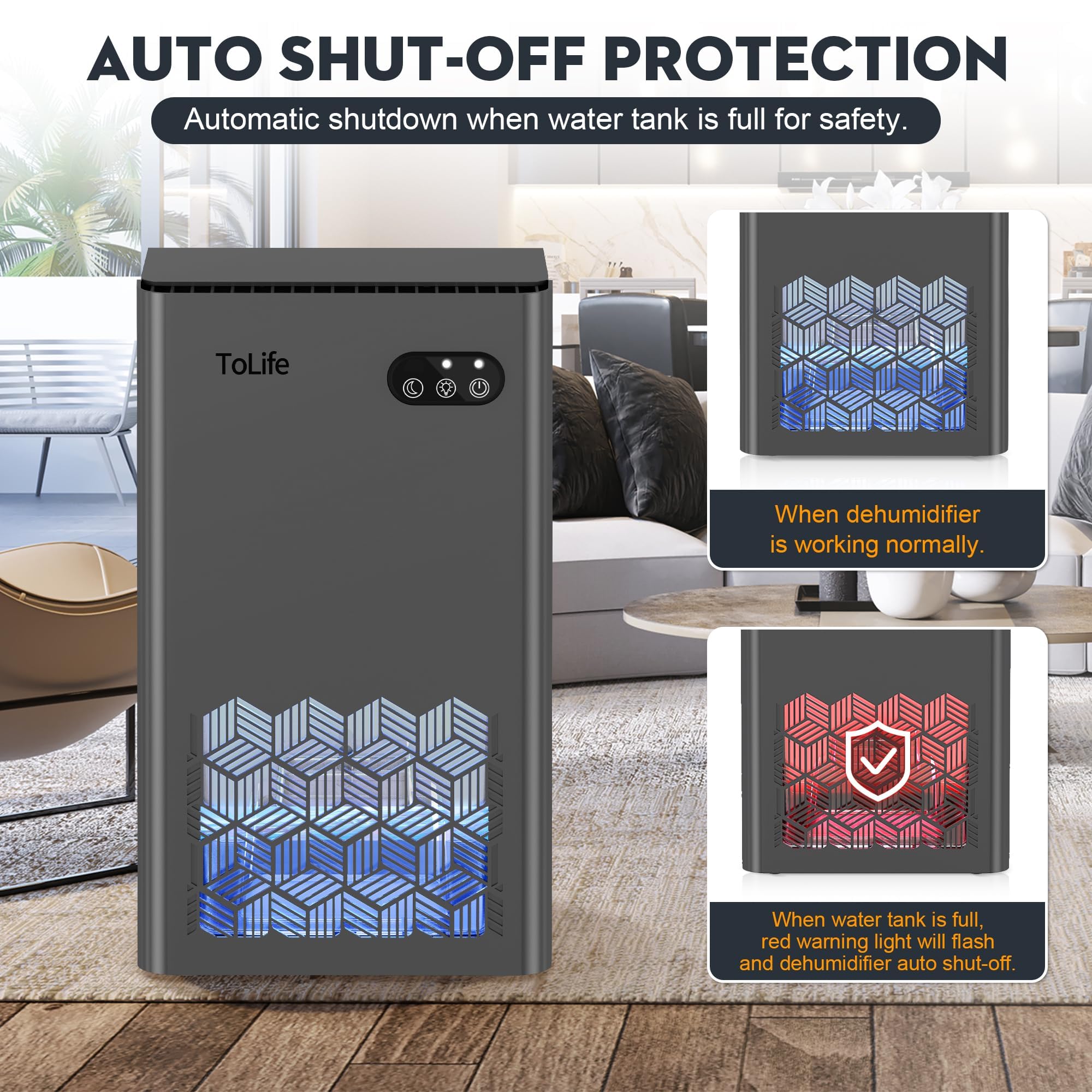 ToLife Dehumidifier for Home 95 OZ Water Tank, 1000 sq.ft Dehumidifiers for Basement Bedroom Bathroom with Auto Shut Off 7 Colors LED Light, Grey detail image 6