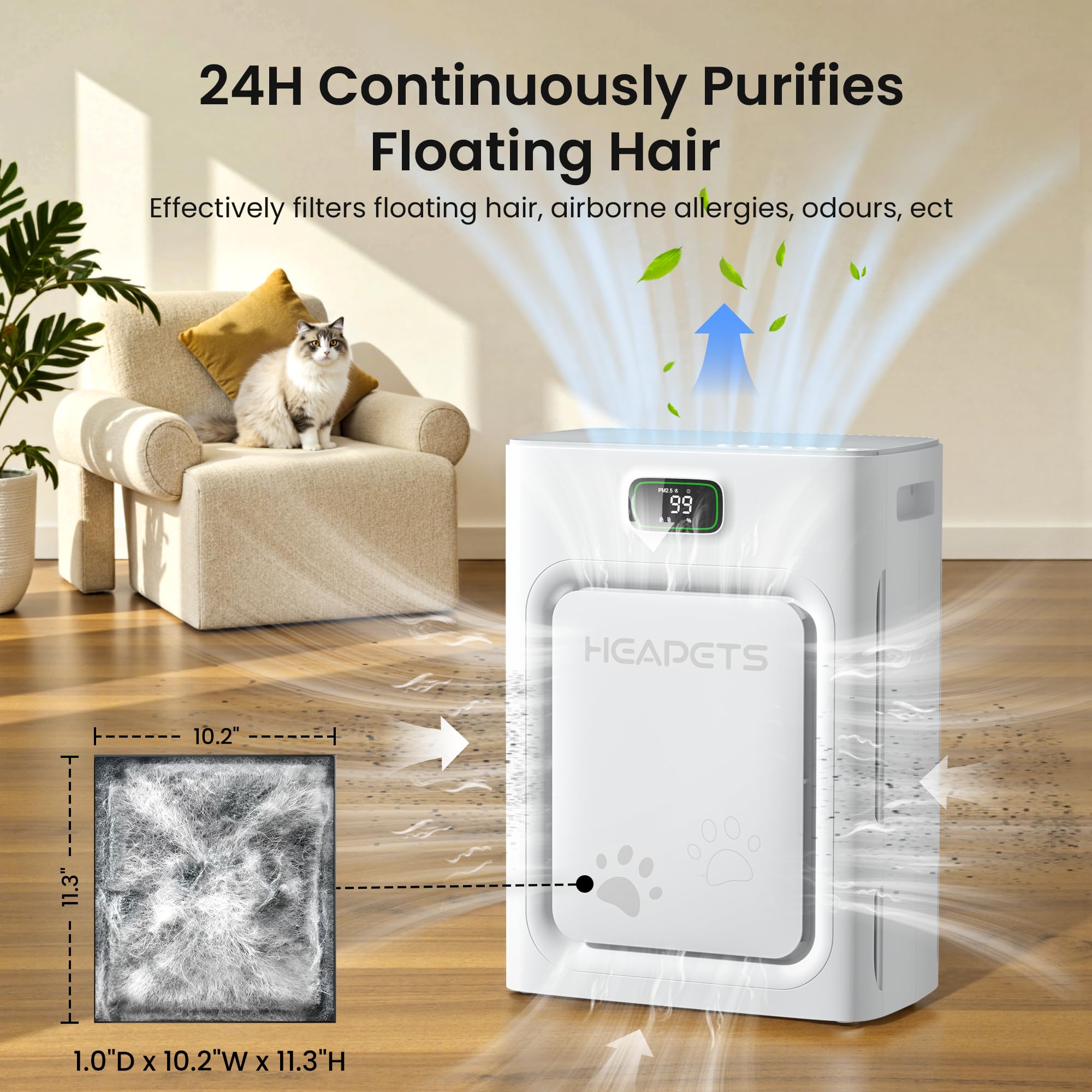 Pet Air Purifier for Home Large Room 2500 sq ft, H13 HEPA Washable Double-Sided Filter,Air Cleaner for Pet Hair Dander Odor Allergies Pollutant Smoke Dust detail image 4