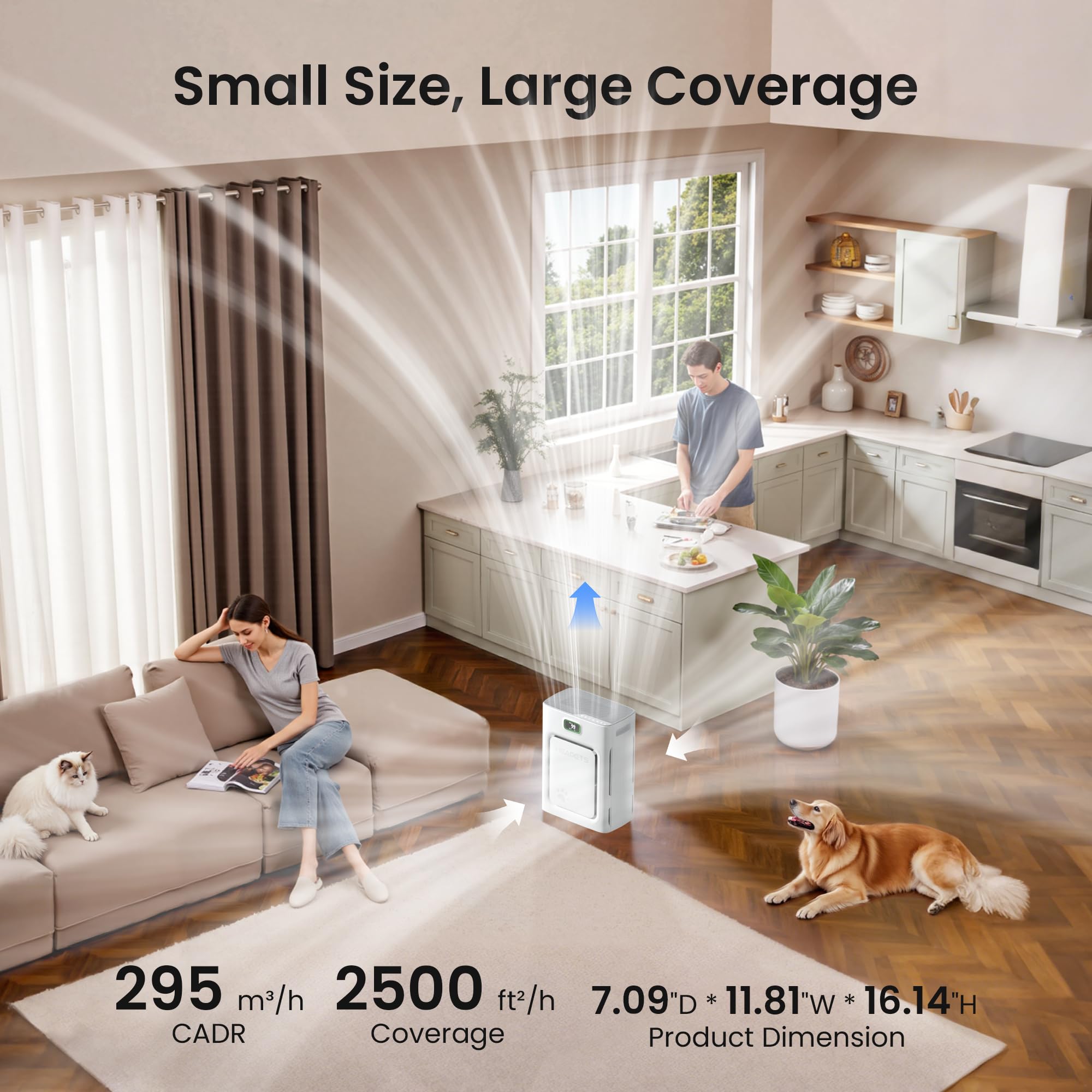 Pet Air Purifier for Home Large Room 2500 sq ft, H13 HEPA Washable Double-Sided Filter,Air Cleaner for Pet Hair Dander Odor Allergies Pollutant Smoke Dust detail image 6