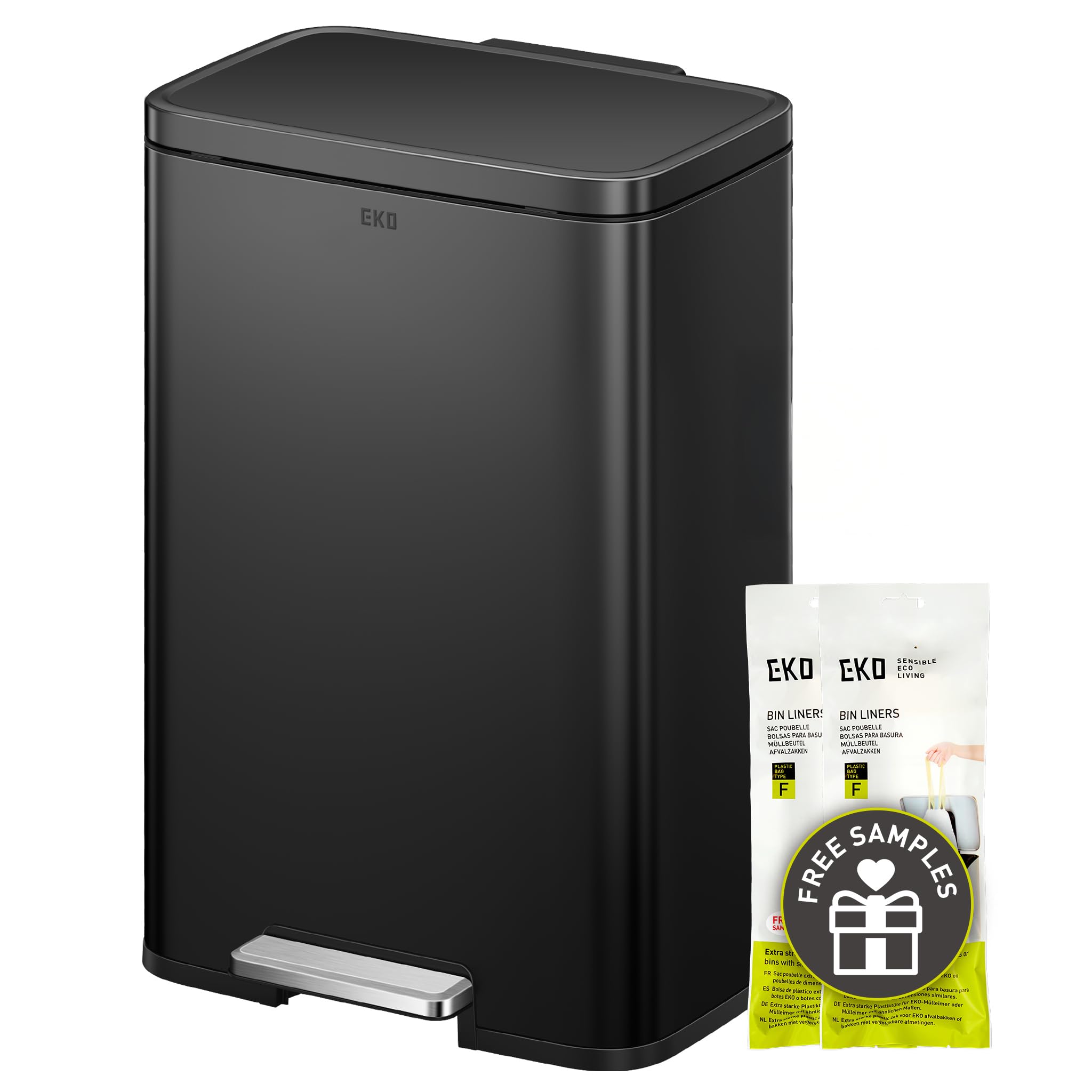 EKO Madison Matte Black Stainless Steel 13.2 Gal/50L Kitchen Step Trash Can or Recycling Bin, Removable Inner Liner, Soft Close Lid, Fingerprint Resistant detail image 1