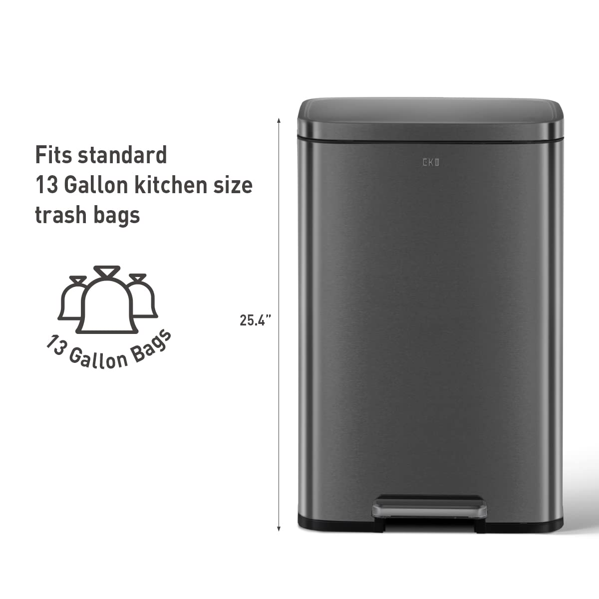 EKO Madison Matte Black Stainless Steel 13.2 Gal/50L Kitchen Step Trash Can or Recycling Bin, Removable Inner Liner, Soft Close Lid, Fingerprint Resistant detail image 5