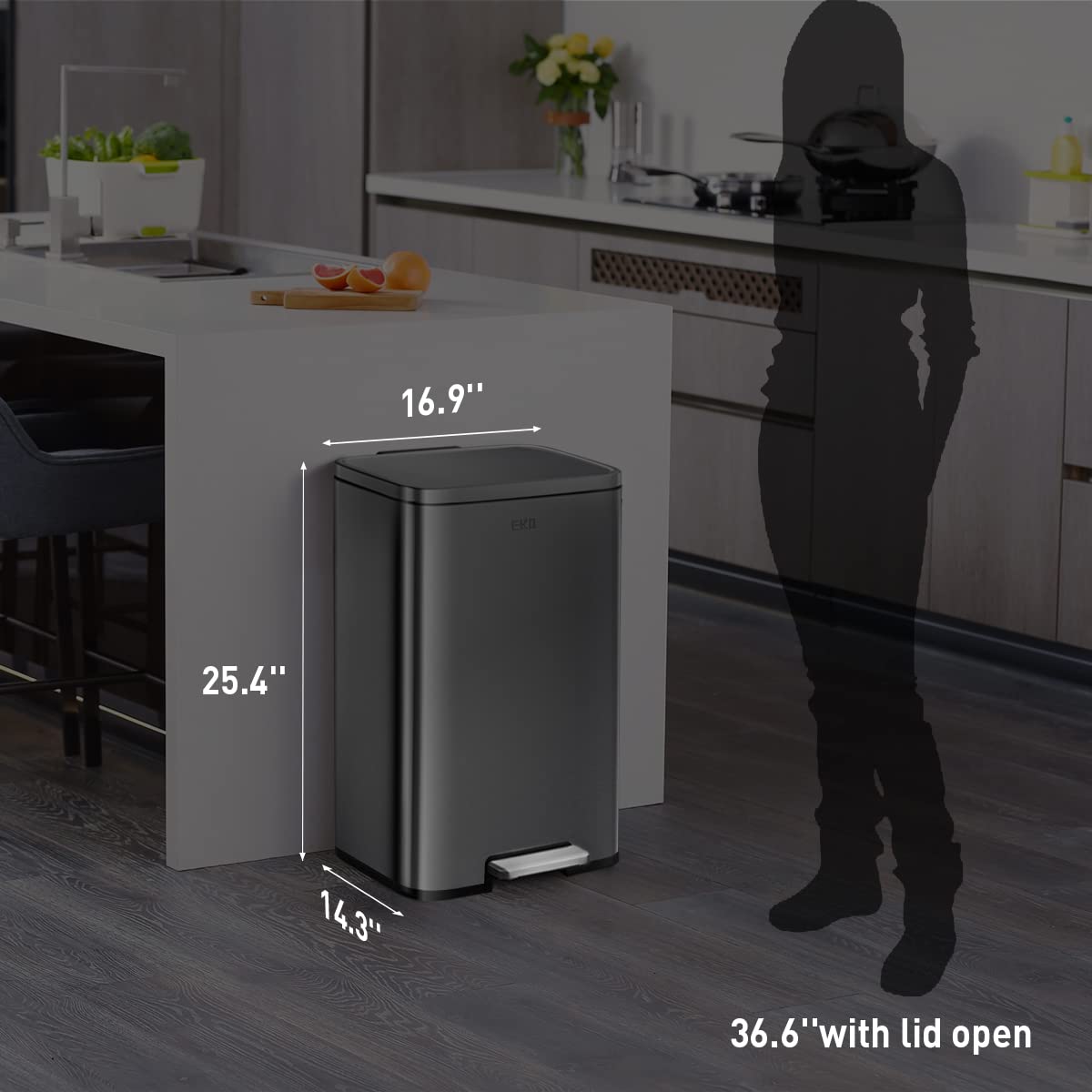 EKO Madison Matte Black Stainless Steel 13.2 Gal/50L Kitchen Step Trash Can or Recycling Bin, Removable Inner Liner, Soft Close Lid, Fingerprint Resistant detail image 6