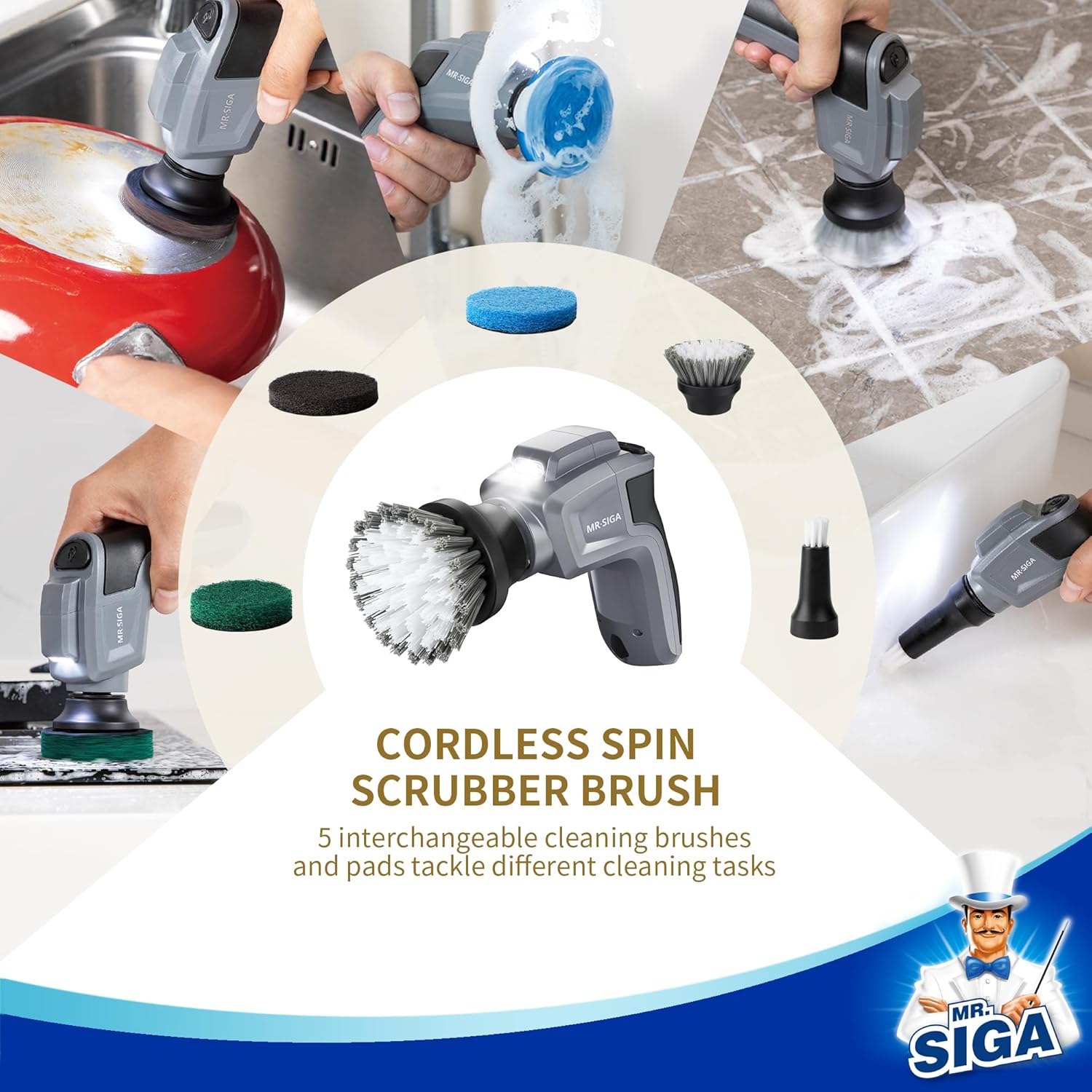 MR.SIGA Electric Spin Scrubber for Kitchen and Bathroom Cleaning, Waterproof - View 5