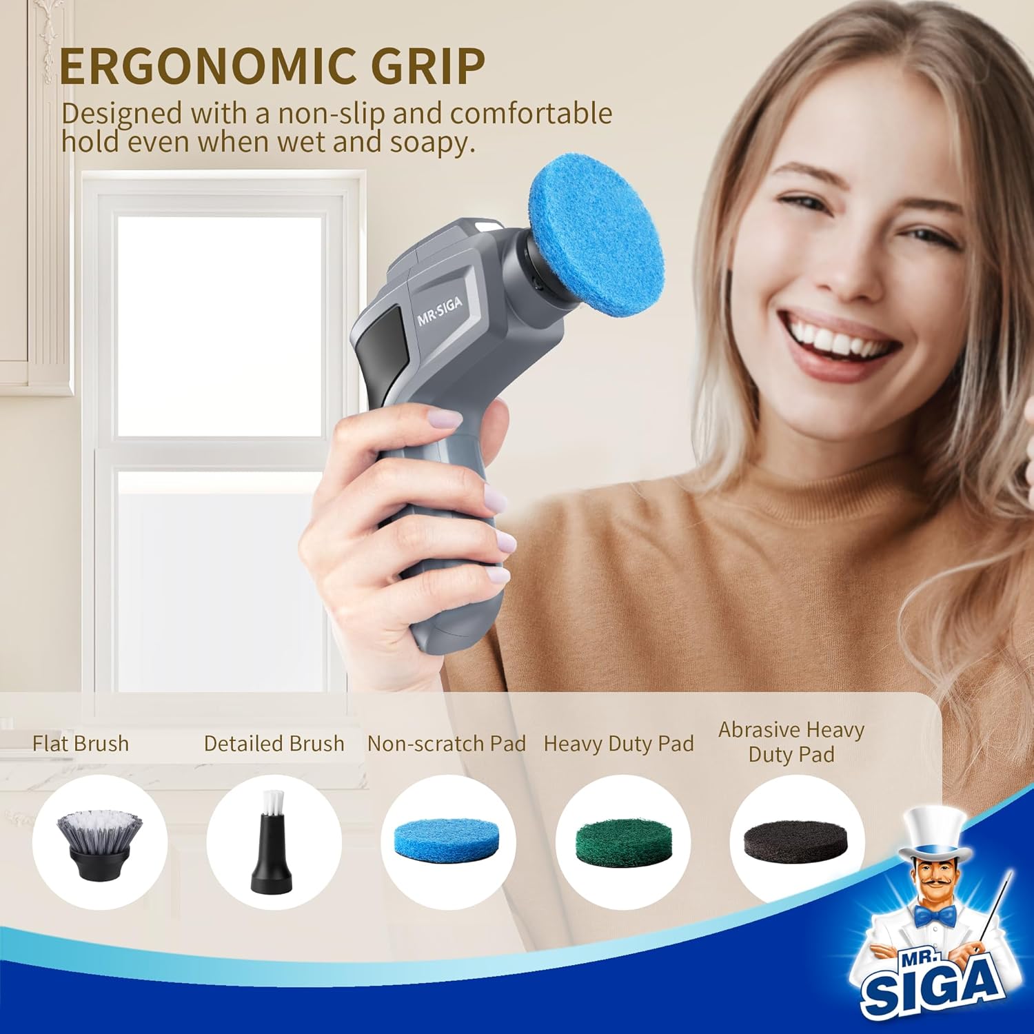 MR.SIGA Electric Spin Scrubber for Kitchen and Bathroom Cleaning, Waterproof - View 6