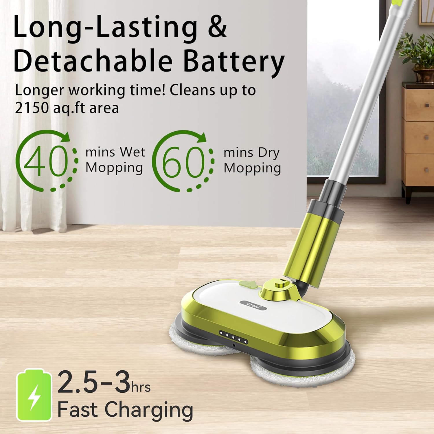 VMAI Cordless Electric Mop with Water Spray & Detachable Battery, Rechargeable - View 2