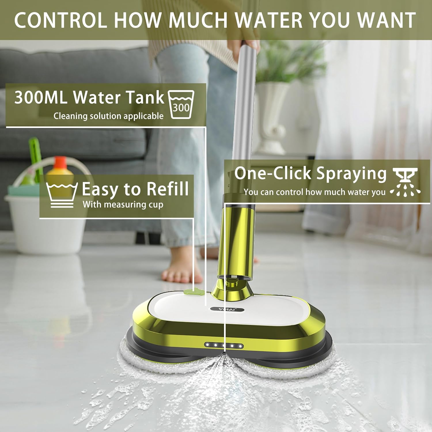 VMAI Cordless Electric Mop with Water Spray & Detachable Battery, Rechargeable - View 6