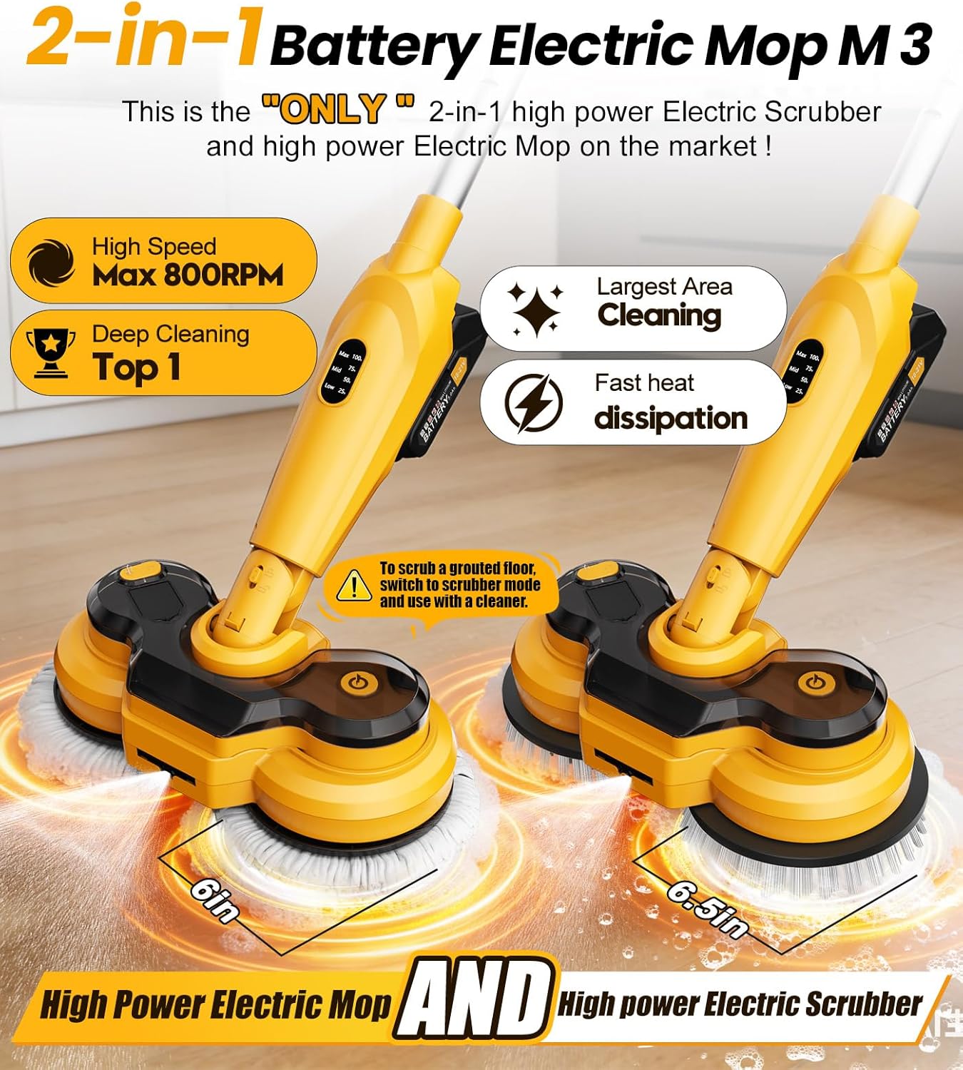 qimedo 6000mAh Battery Cordless Electric Mop M3 Pro, 800RPM Electric Power - View 2
