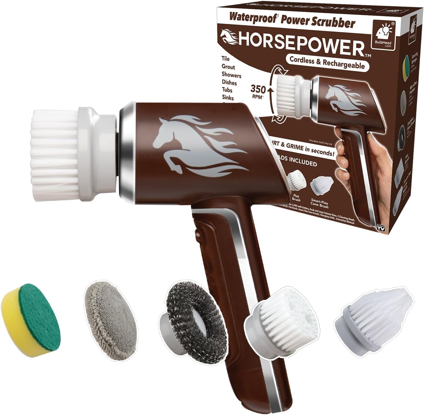 Horsepower Scrubber, Waterproof, Electric Power, Spins 350 RPM, 5 Brush Heads,