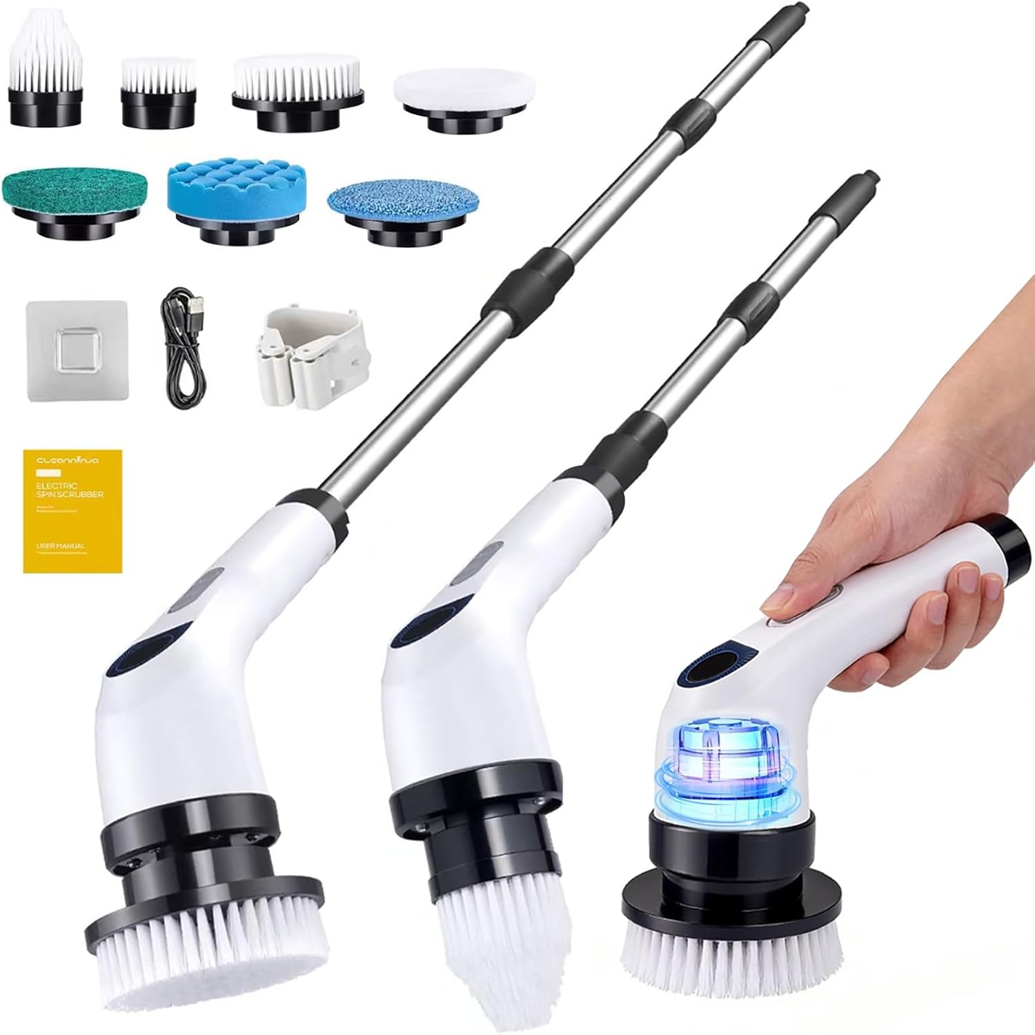 Electric Spin Scrubber for Cleaning, Adjustable Shower Brush with 7 Replaceable