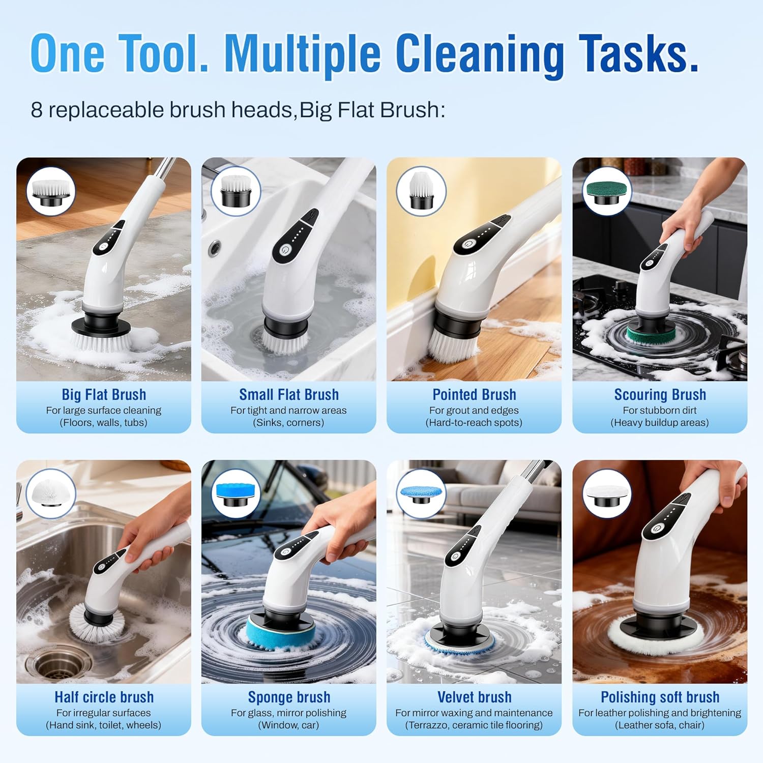Electric Spin Scrubber, Cordless Cleaning Brush with 8 Replaceable Heads, - View 6