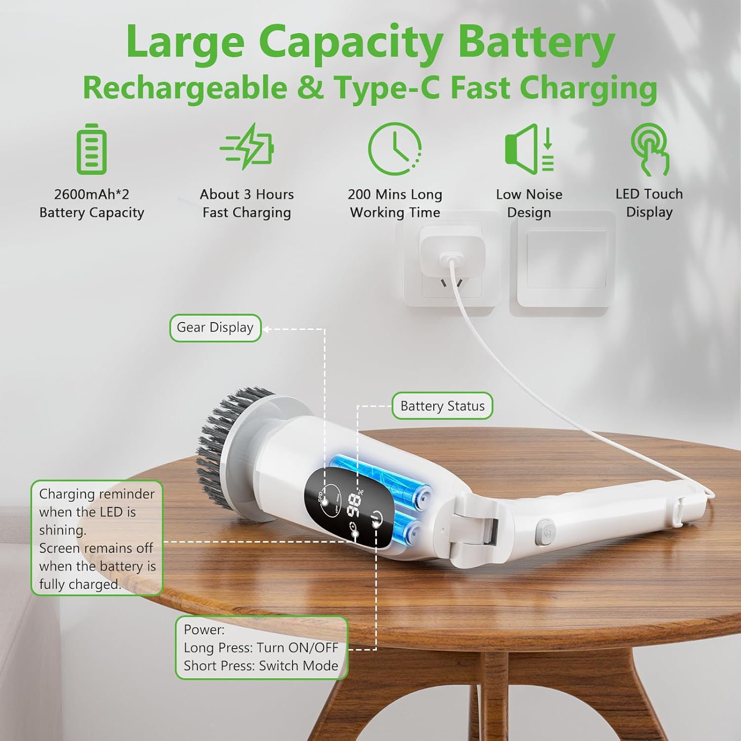 Electric Spin Scrubber, Cordless Cleaning Brush, 3H Work Time, Bathroom - View 4