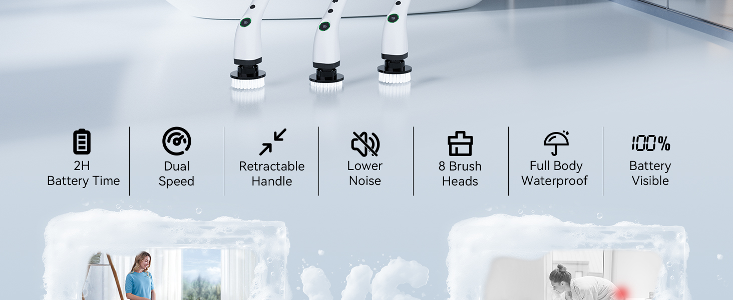 Electric Bathroom Cleaning Brush, Cordless Spin Scrubber Full Body Waterproof IPX7 with Adjustable Handle, 8 Replaceable Brush Heads for Bathtub/Kitchen/Window/Home -SD-CTB01 detail 2