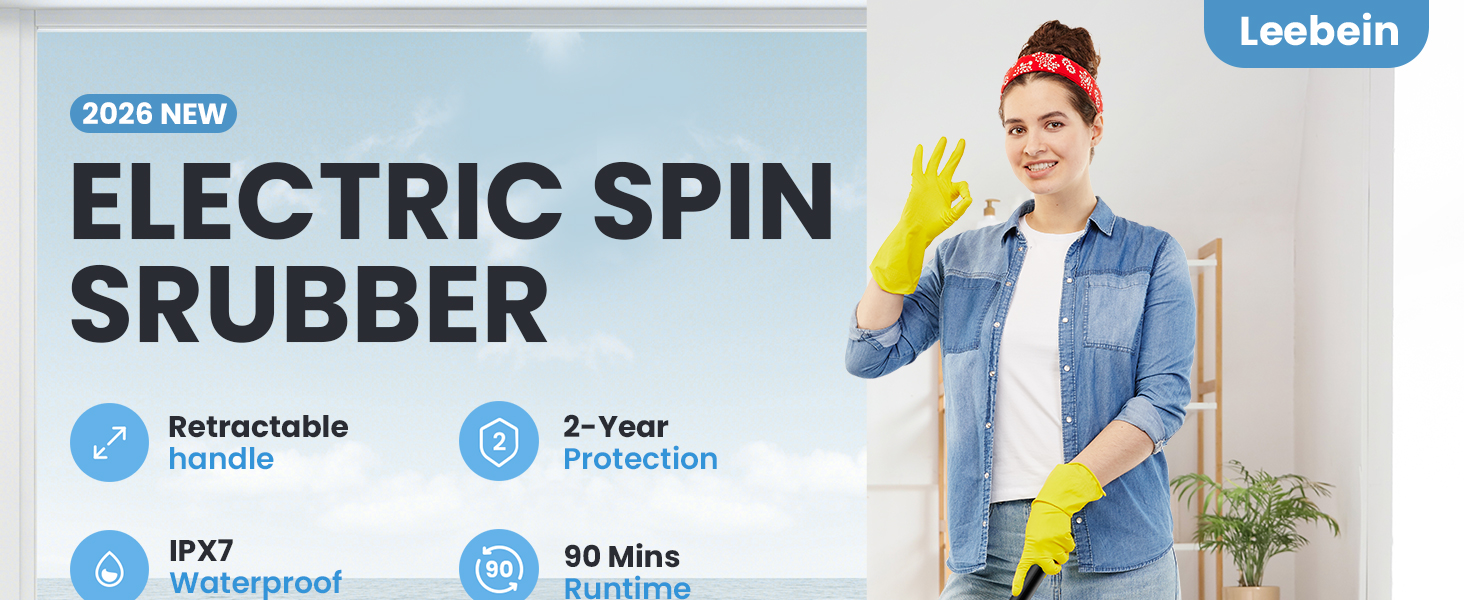 Leebein Electric Spin Scrubber, 2026 Upgraded Cordless Cleaning Brush Bathroom Scrubber, IPX7 Waterproof Electric Scrubber with 7 Brush Heads, Extendable Long Handle Power Scrubber for Bathtub Floor detail 1