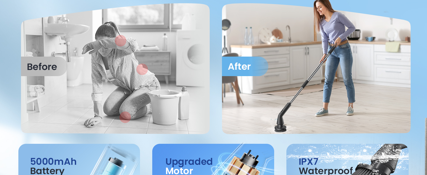 Leebein Electric Spin Scrubber, 2026 Upgraded Cordless Cleaning Brush Bathroom Scrubber, IPX7 Waterproof Electric Scrubber with 7 Brush Heads, Extendable Long Handle Power Scrubber for Bathtub Floor detail 3