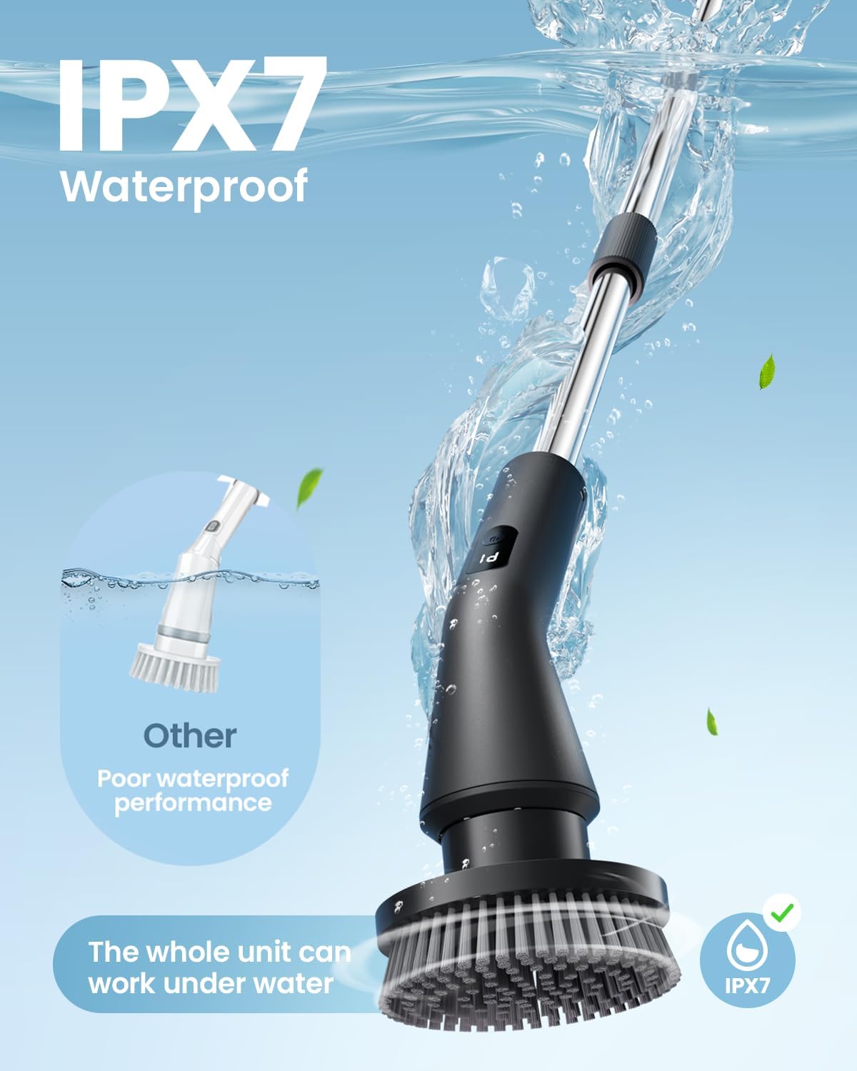 Leebein Electric Spin Scrubber, 2026 Upgraded Cordless Cleaning Brush Bathroom Scrubber, IPX7 Waterproof Electric Scrubber with 7 Brush Heads, Extendable Long Handle Power Scrubber for Bathtub Floor detail 9