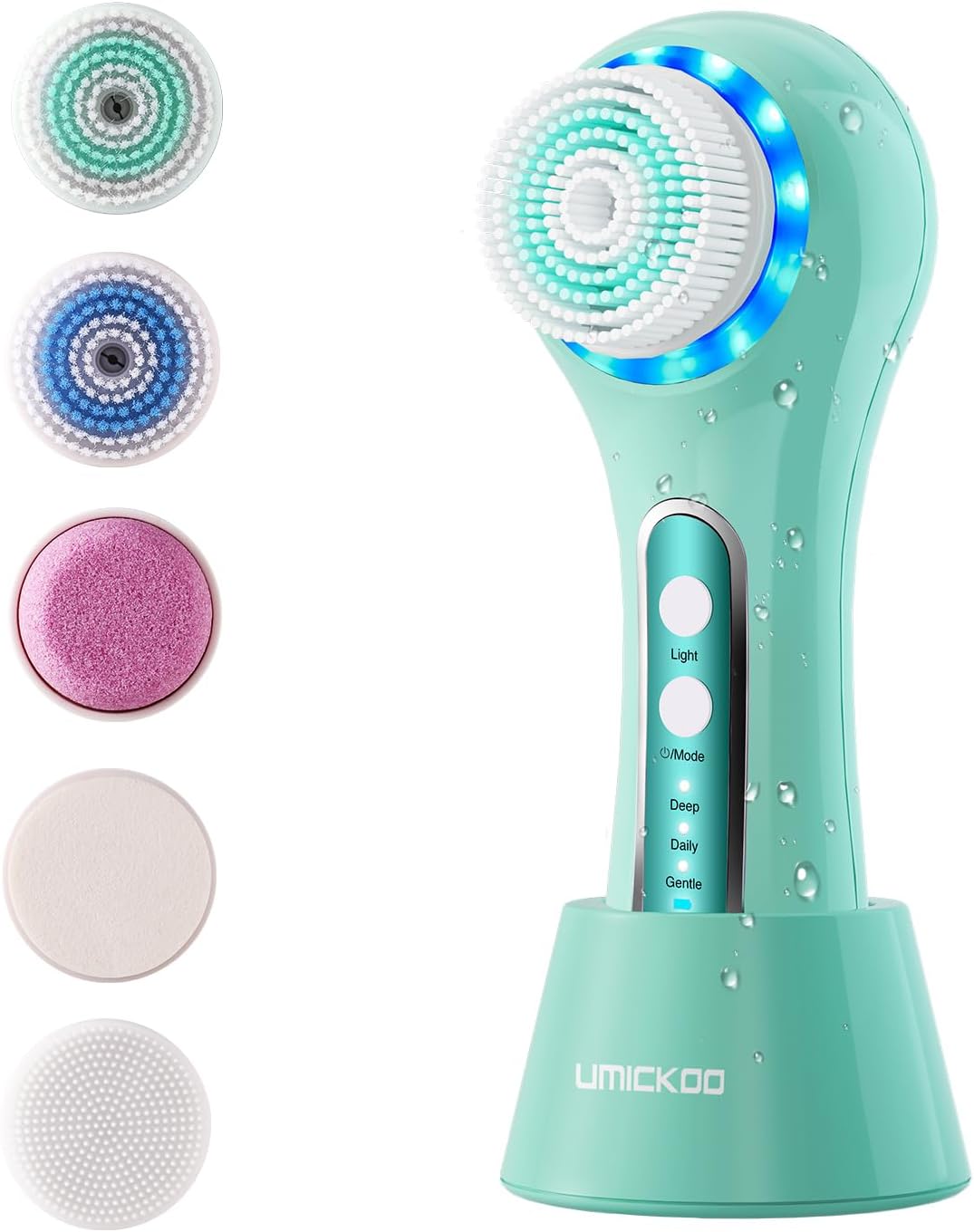 UMICKOO Electric Facial Cleansing Brush, 2-Way Rotating Face Scrubber for Daily & Deep Cleaning, 3 Modes, 5 Brush Heads, Rechargeable, IPX7 Waterproof for All Skin Types detail 11
