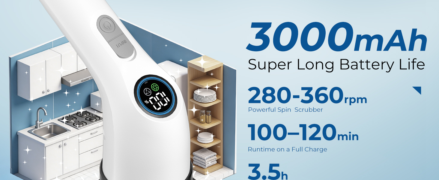 Electric Spin Scrubber, Rechargeable with Upgraded Battery & Extended Runtime, IPX7 Cleaning Brush, 3000mAh Battery 7 Brush Heads 2-Speed Adjustable Long Handle for Bathroom & Tile Floor Cleaning detail 1