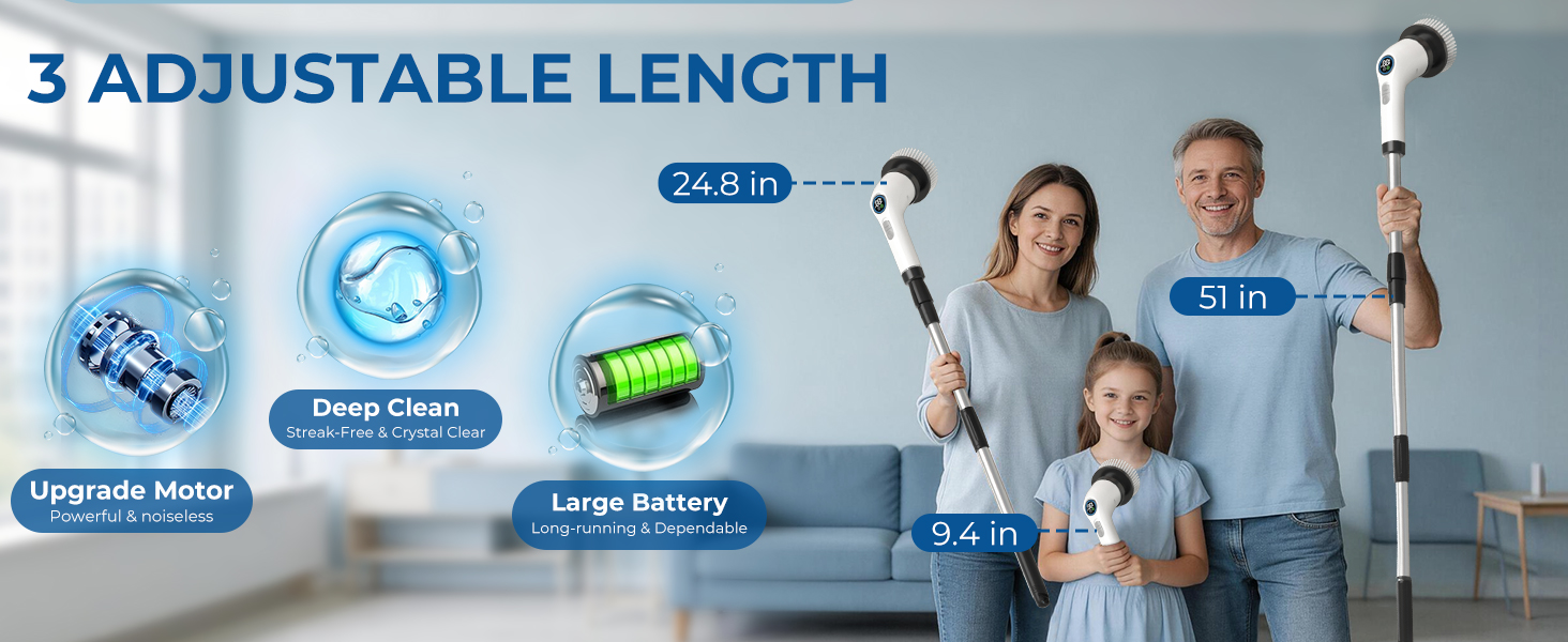Electric Spin Scrubber, Rechargeable with Upgraded Battery & Extended Runtime, IPX7 Cleaning Brush, 3000mAh Battery 7 Brush Heads 2-Speed Adjustable Long Handle for Bathroom & Tile Floor Cleaning detail 4